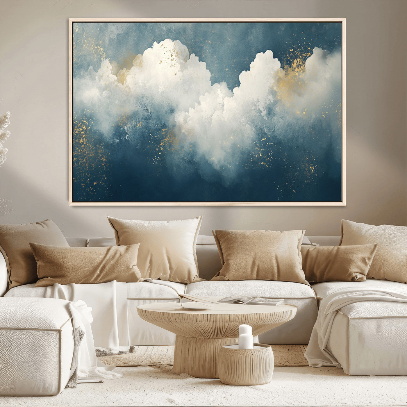 75131-MGV-CV-36X24-Abstract Cloud Wall Art – Modern Canvas Print Featuring Blue and White Clouds with Golden Accents, Contemporary Artwork for Living