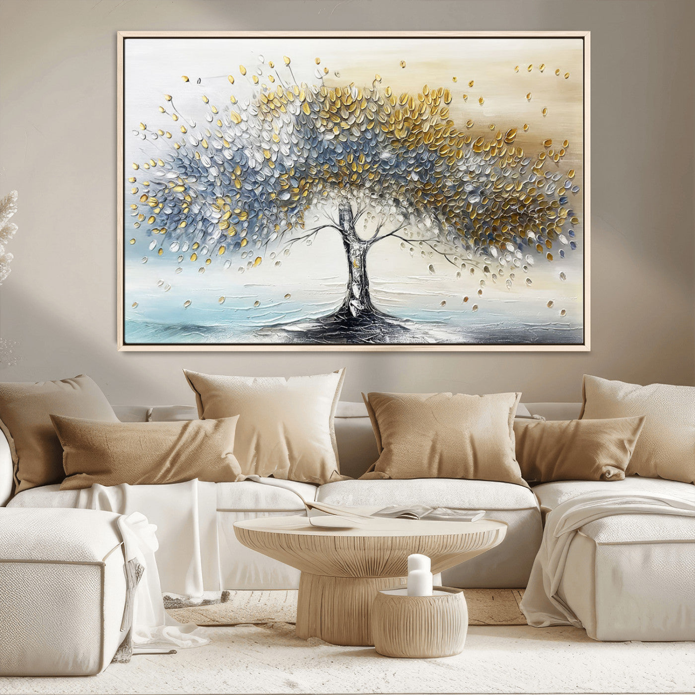 24771-MGV-CV-36X24-Silver Tree Wall Art Canvas Print, Framed Golden Leaves Art Picture Print, Metallic Tree Perfect Minimalist Luxury Decor Artwork