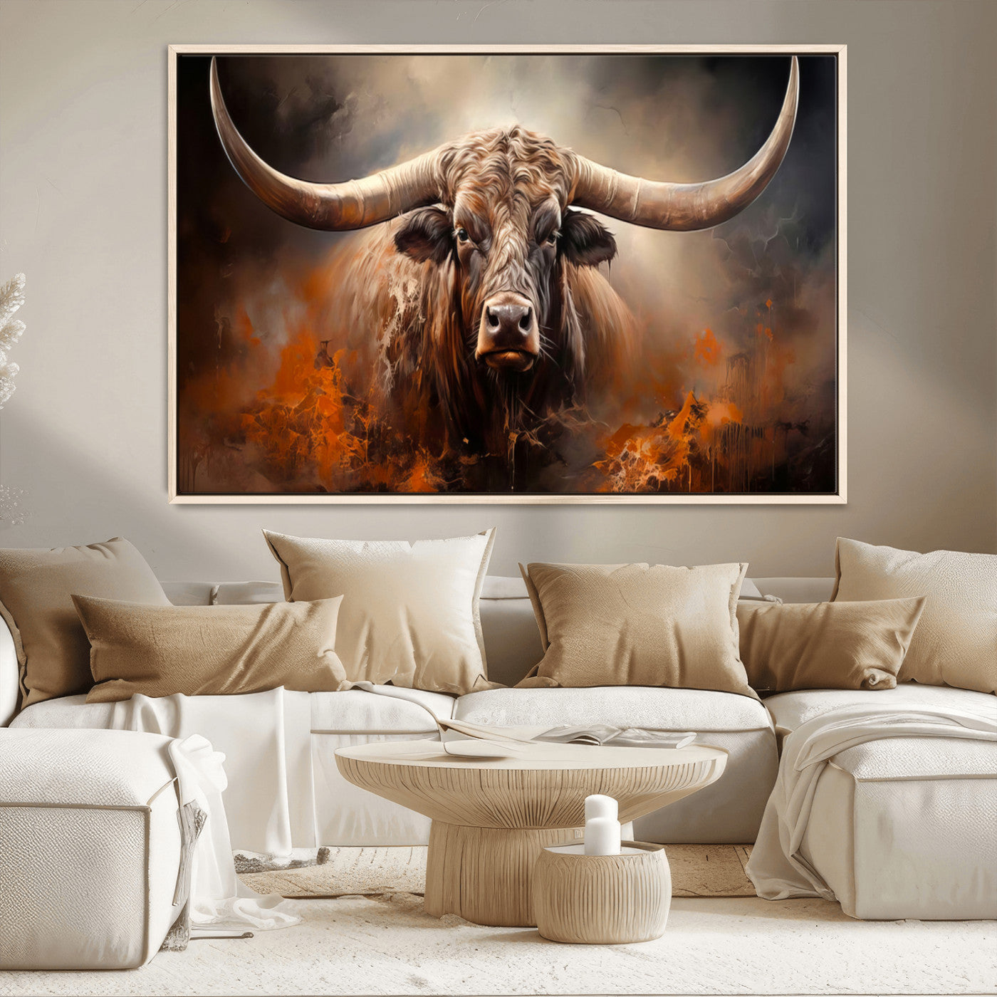 240479-MGV-CV-36X24-Longhorn Bull Wall Art – Dramatic Western Canvas Print Featuring Horned Bull with Fiery Background, Rustic Farmhouse Artwork for