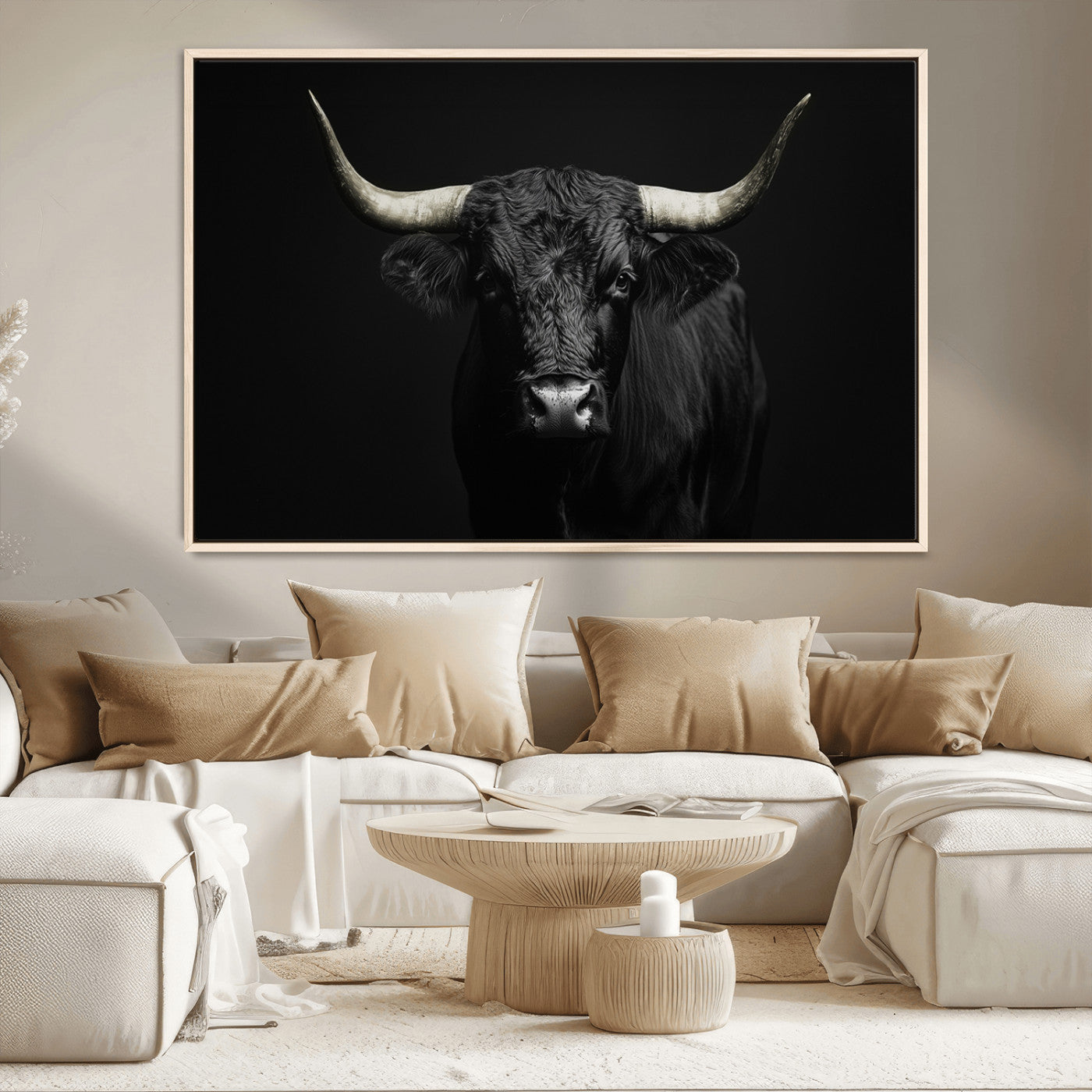 97914921-MGV-CV-36X24-Black Bull Wall Art Canvas Print, Framed Longhorn Bull Art Picture Print, Western Bull Perfect Monochrome Western Decor Artwork
