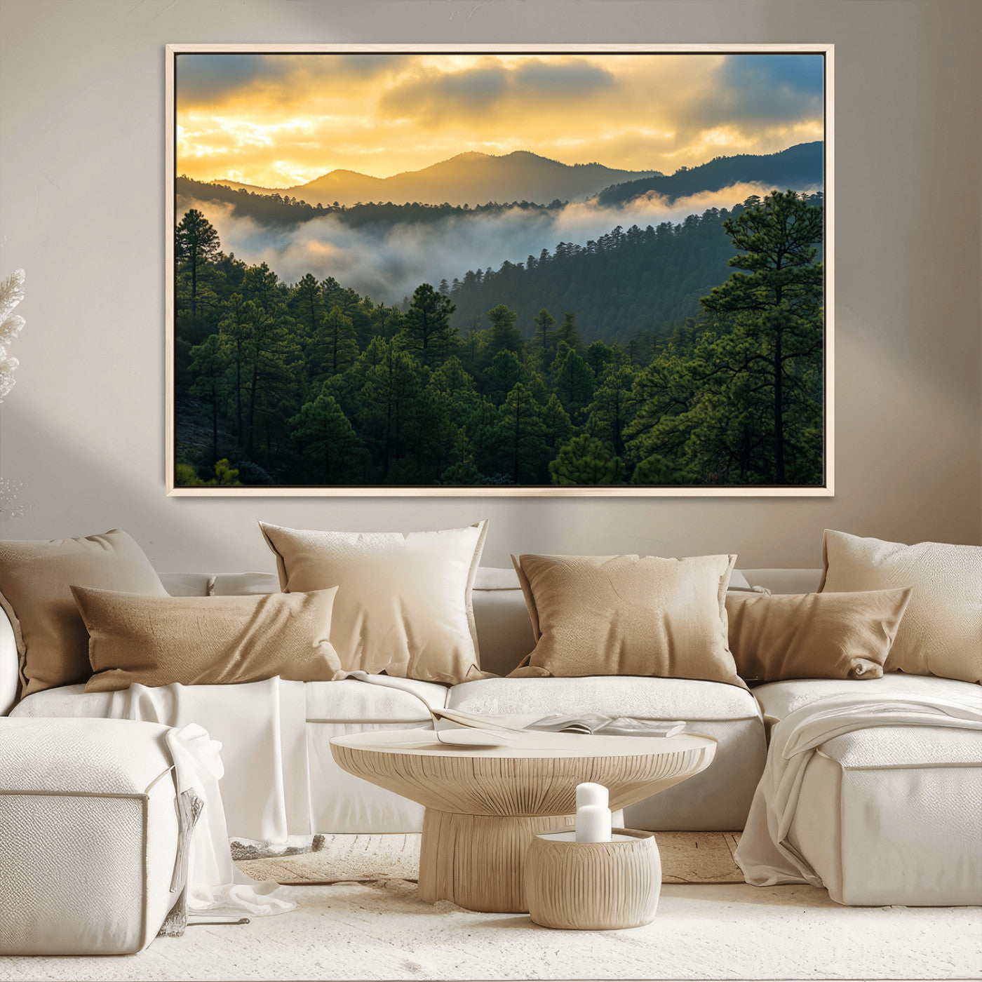 68082278-MGV-CV-36X24-Mountain Sunrise Wall Art Canvas Print, Framed Pine Forest Art Picture Print, Misty Mountains Perfect Earthy Woodland Decor