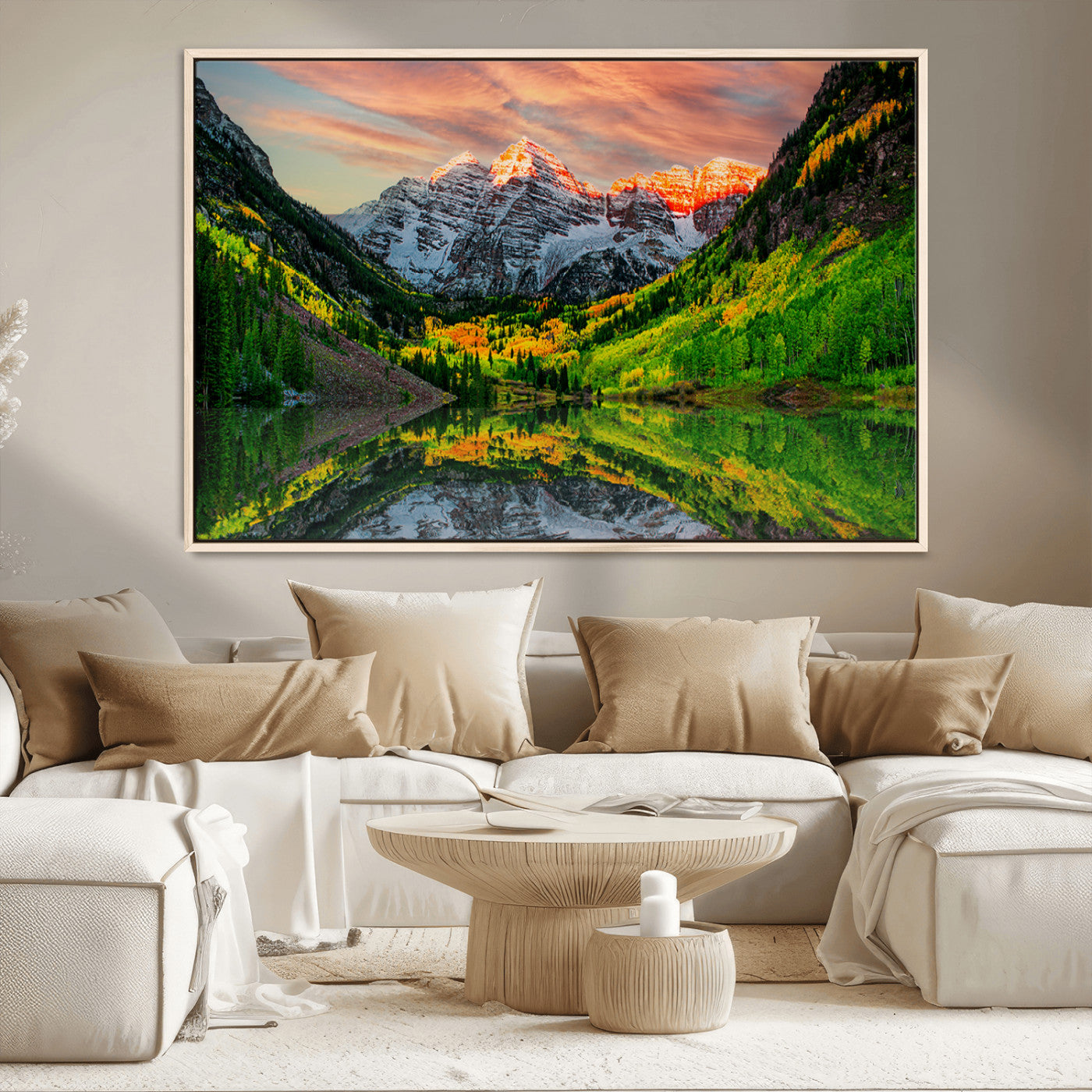 59533484-MGV-CV-36X24-Maroon Bells Autumn Wall Art – Panoramic Mountain Landscape Canvas Print, Sunset Reflection Nature Artwork for Living Room, Office