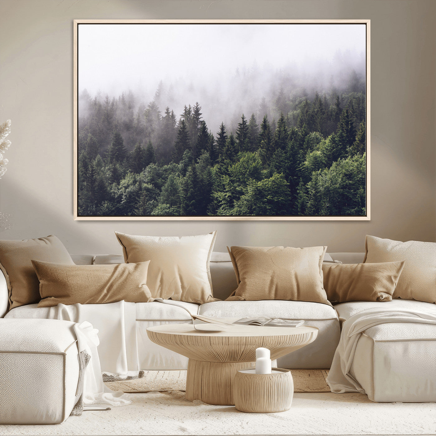 62890402-MGV-CV-36X24-Misty Forest Wall Art Canvas Print, Framed Foggy Pines Art Picture Print, Pine Valley Perfect Moody Woodland Decor Artwork