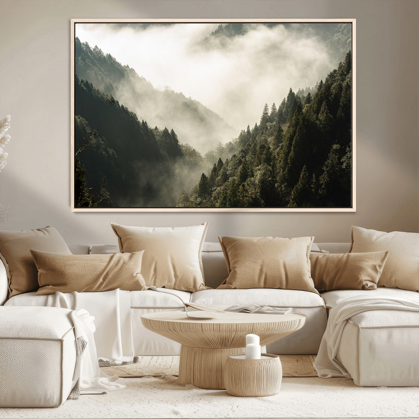 57570237-MGV-CV-36X24-Misty Valley Wall Art Canvas Print, Framed Foggy Forest Art Picture Print, Pine Trees Perfect Moody Woodland Decor Artwork