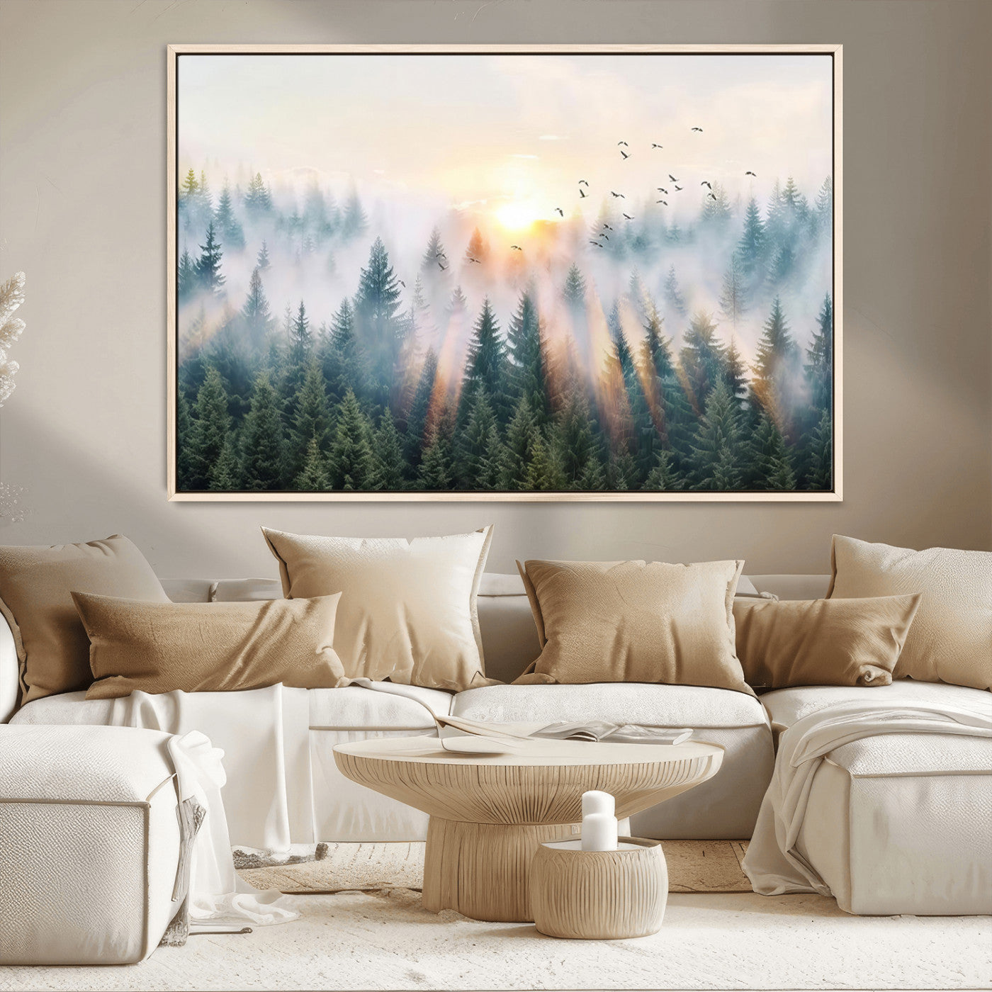 92718976-MGV-CV-36X24-Misty Forest Wall Art Canvas Print, Framed Sunrise Pines Art Picture Print, Foggy Woodland Perfect Moody Woodland Decor Artwork