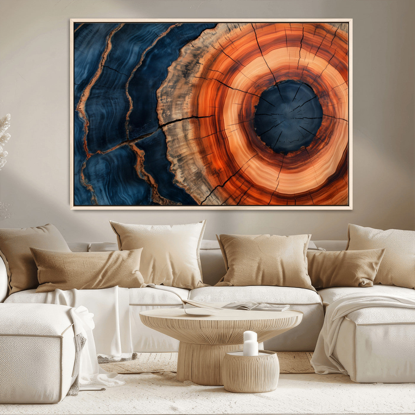 41123192-MGV-CV-36X24-Tree Ring Canvas Wall Art – Abstract Blue Orange Wood Grain Print, Rustic Modern Nature Artwork for Living Room, Bedroom, Office