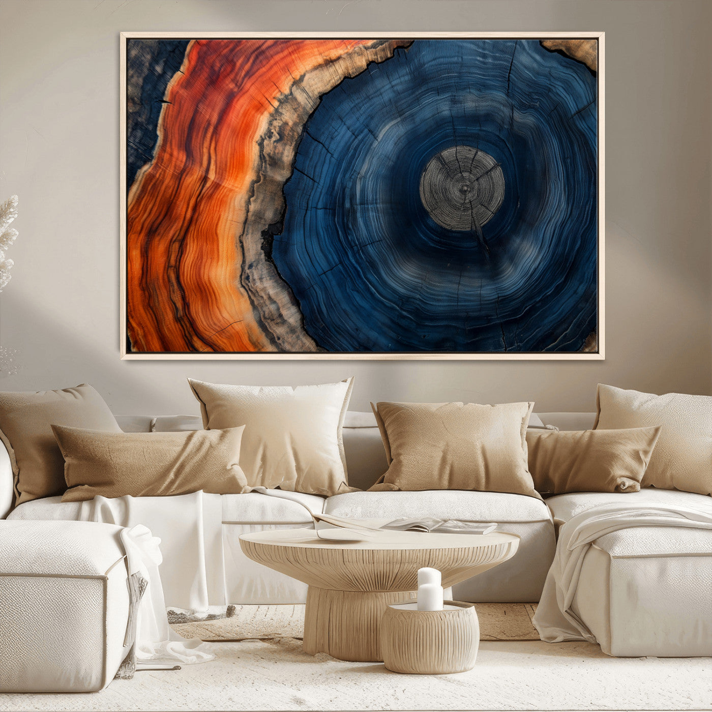 99491700-MGV-CV-36X24-Tree Ring Canvas Wall Art – Blue Orange Abstract Wood Grain Print, Rustic Modern Nature Artwork for Living Room, Office, Bedroom
