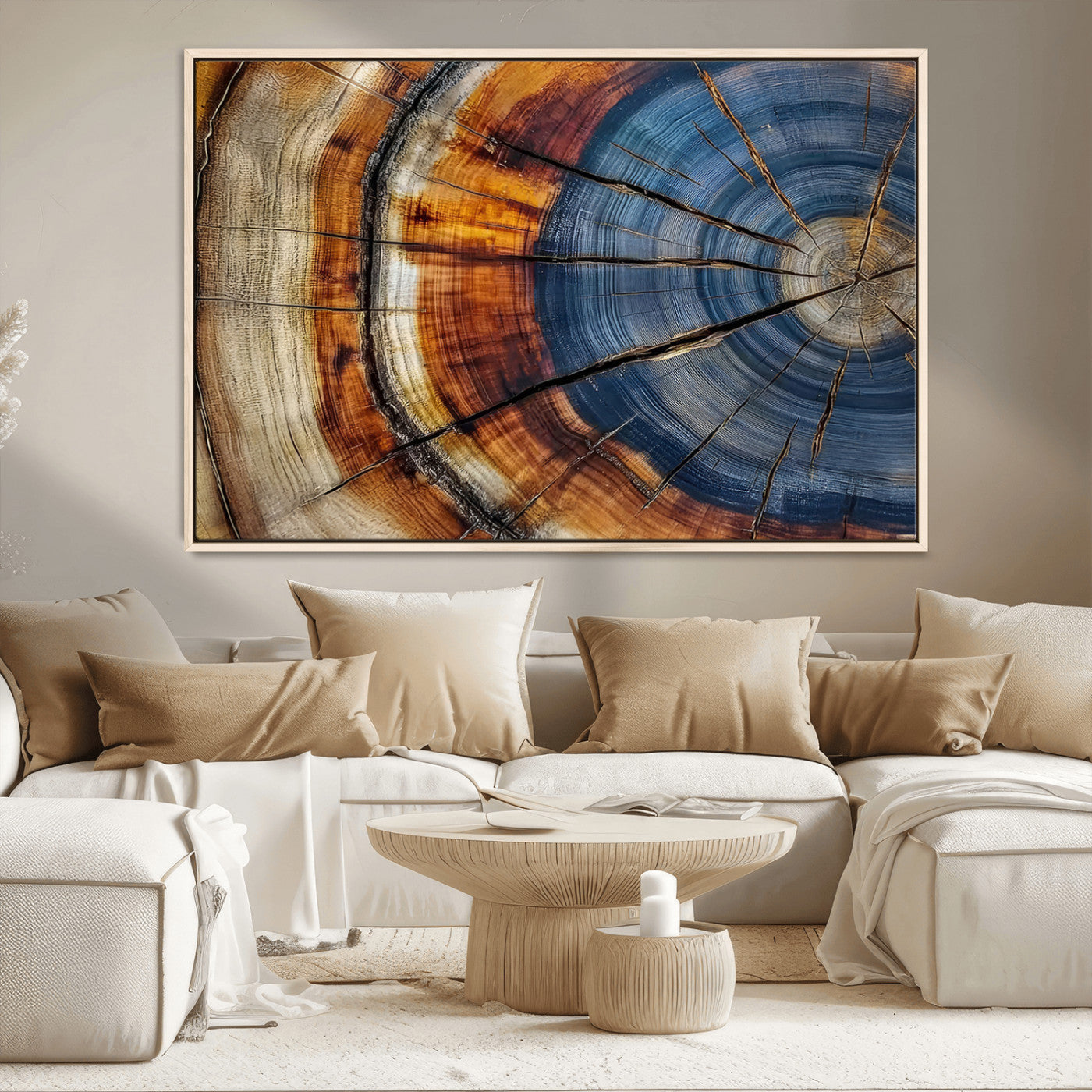 18032999-MGV-CV-36X24-Tree Ring Wall Art – Blue Brown Abstract Wood Slice Canvas Print, Rustic Modern Nature Decor for Living Room, Office, Bedroom or
