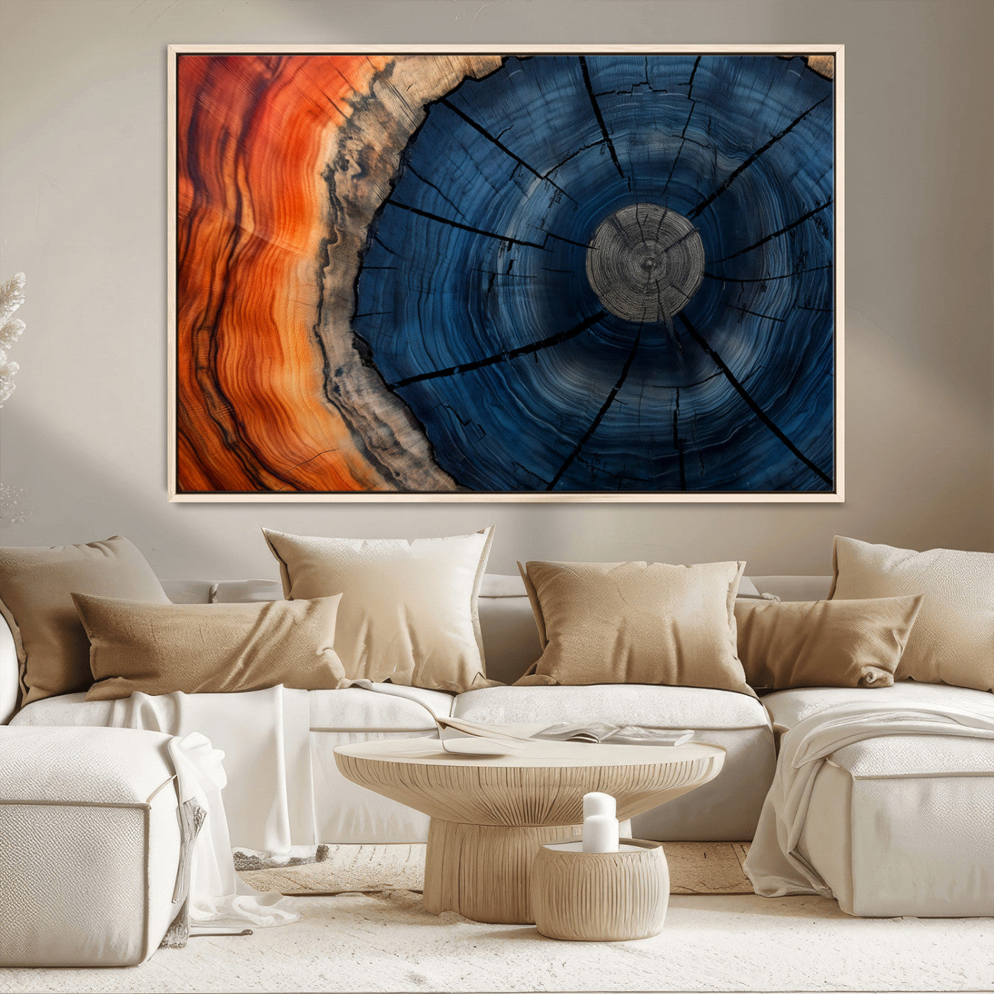26110607-MGV-CV-36X24-Blue and Orange Tree Ring Wall Art – Abstract Wood Cross Section Canvas Print, Modern Rustic Nature Decor for Living Room, Office,