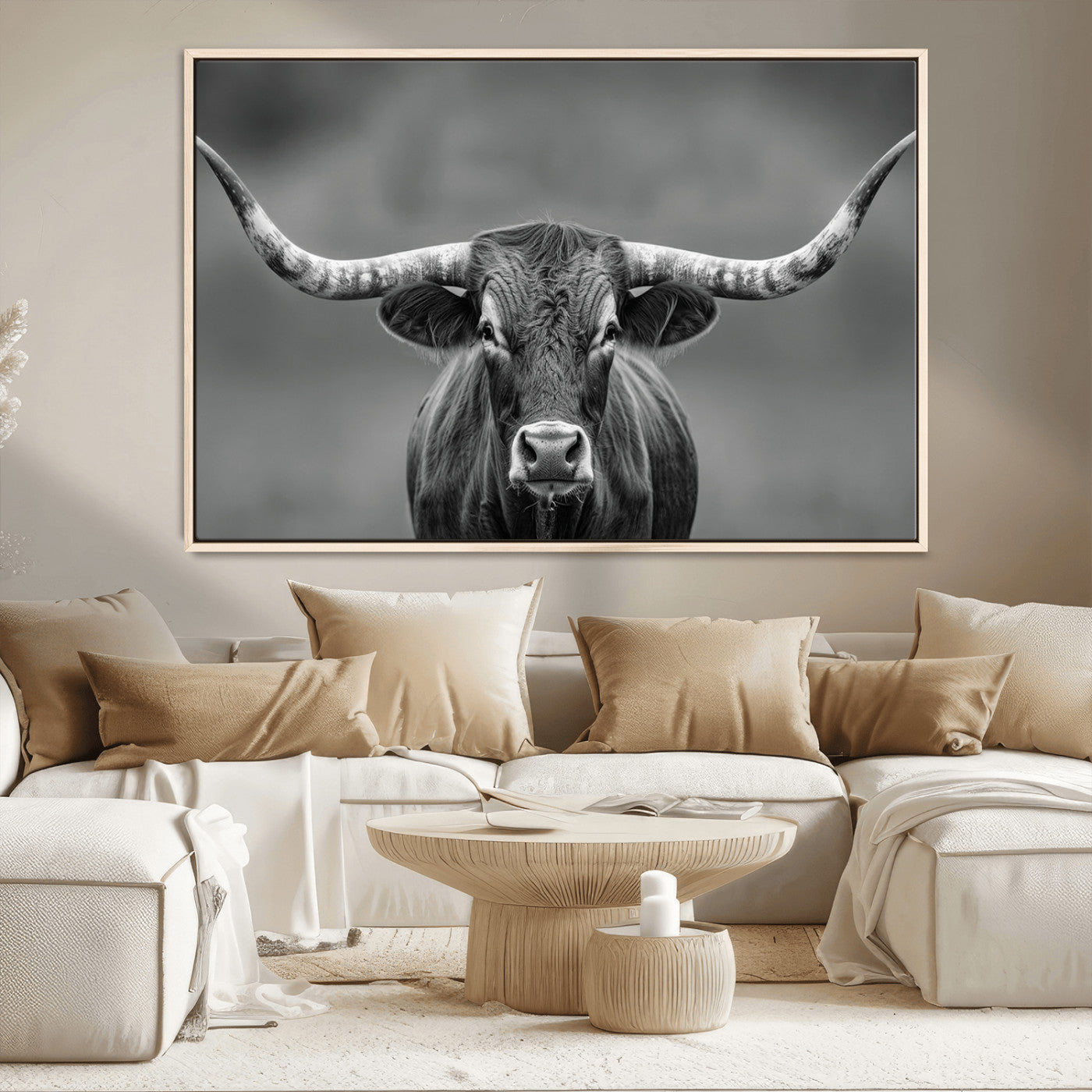 81228550-MGV-CV-36X24-Framed Texas Longhorn Bull Art Canvas Print, Western Bull Wall Art Print, Long Horn Bull Photo Print for Log Cabin, Large Bull