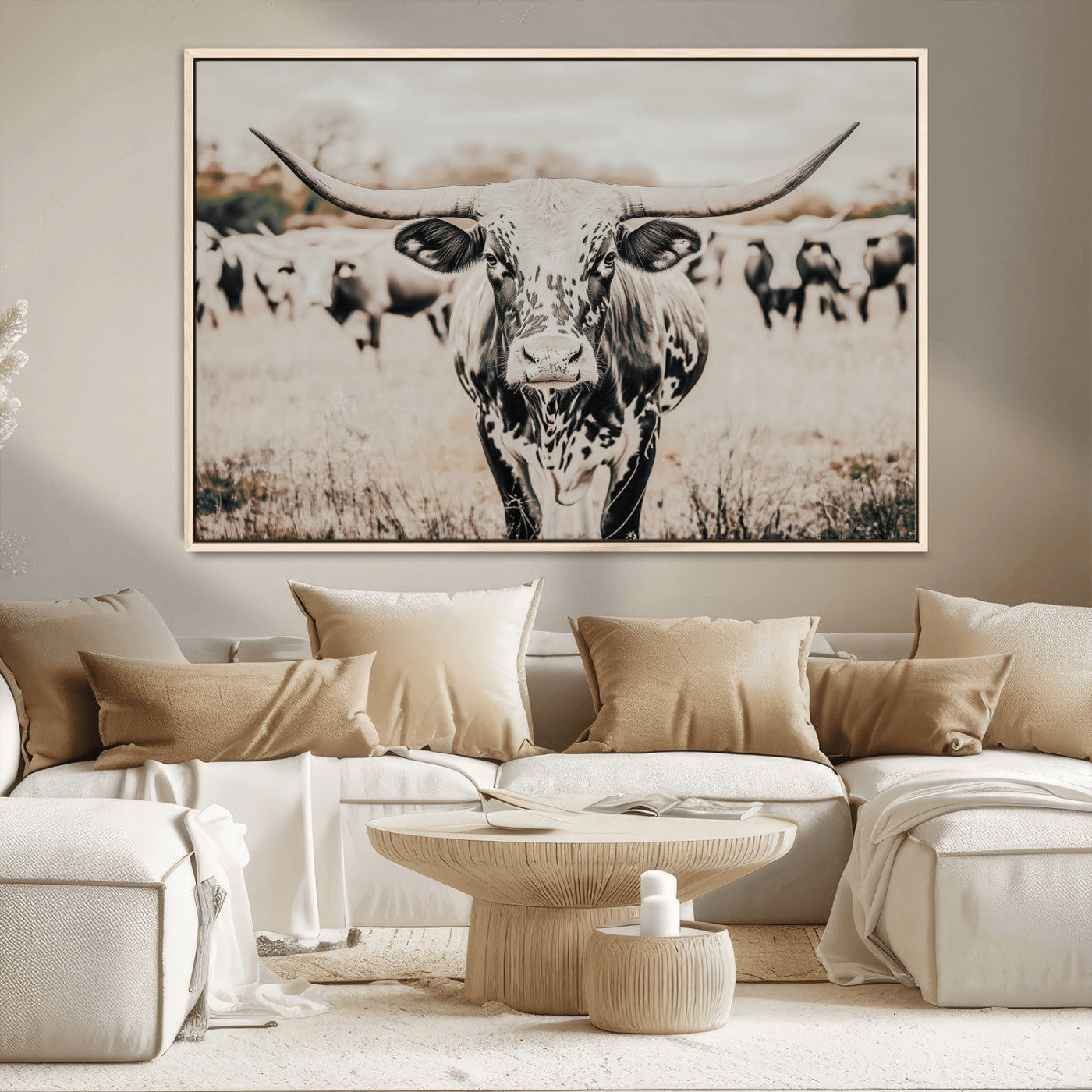 27497342-MGV-CV-36X24-Texas Longhorn Wall Art Canvas Print, Framed Speckled Cow Art Picture Print, Horned Cattle Perfect Rustic Western Decor Artwork