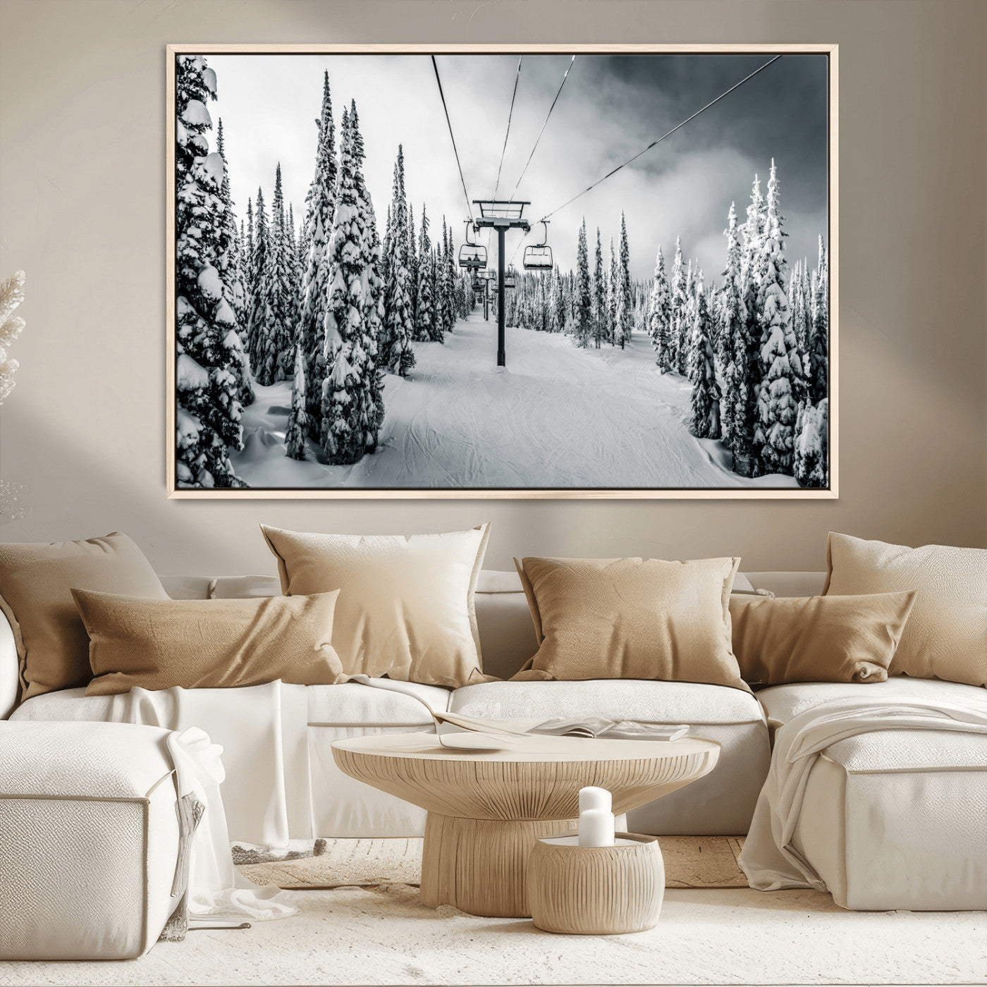 31156828-MGV-CV-36X24-Snowy Pines Wall Art Canvas Print, Framed Ski Lift Art Picture Print, Winter Forest Perfect Moody Lodge Decor Artwork