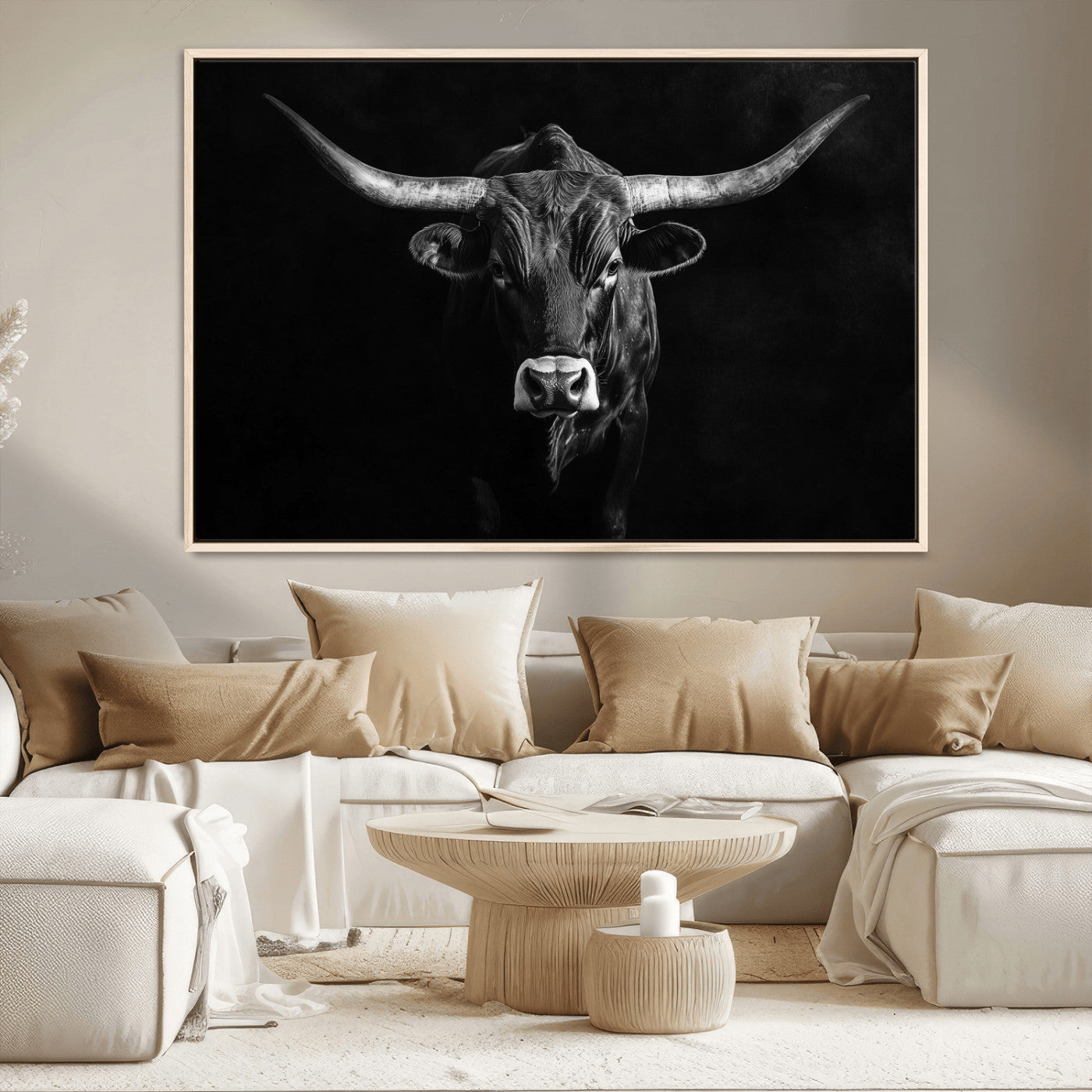 42077175-MGV-CV-36X24-Texas Longhorn Wall Art Canvas Print, Framed Monochrome Bull Art Picture Print, Horned Bull Perfect Rustic Western Decor Artwork