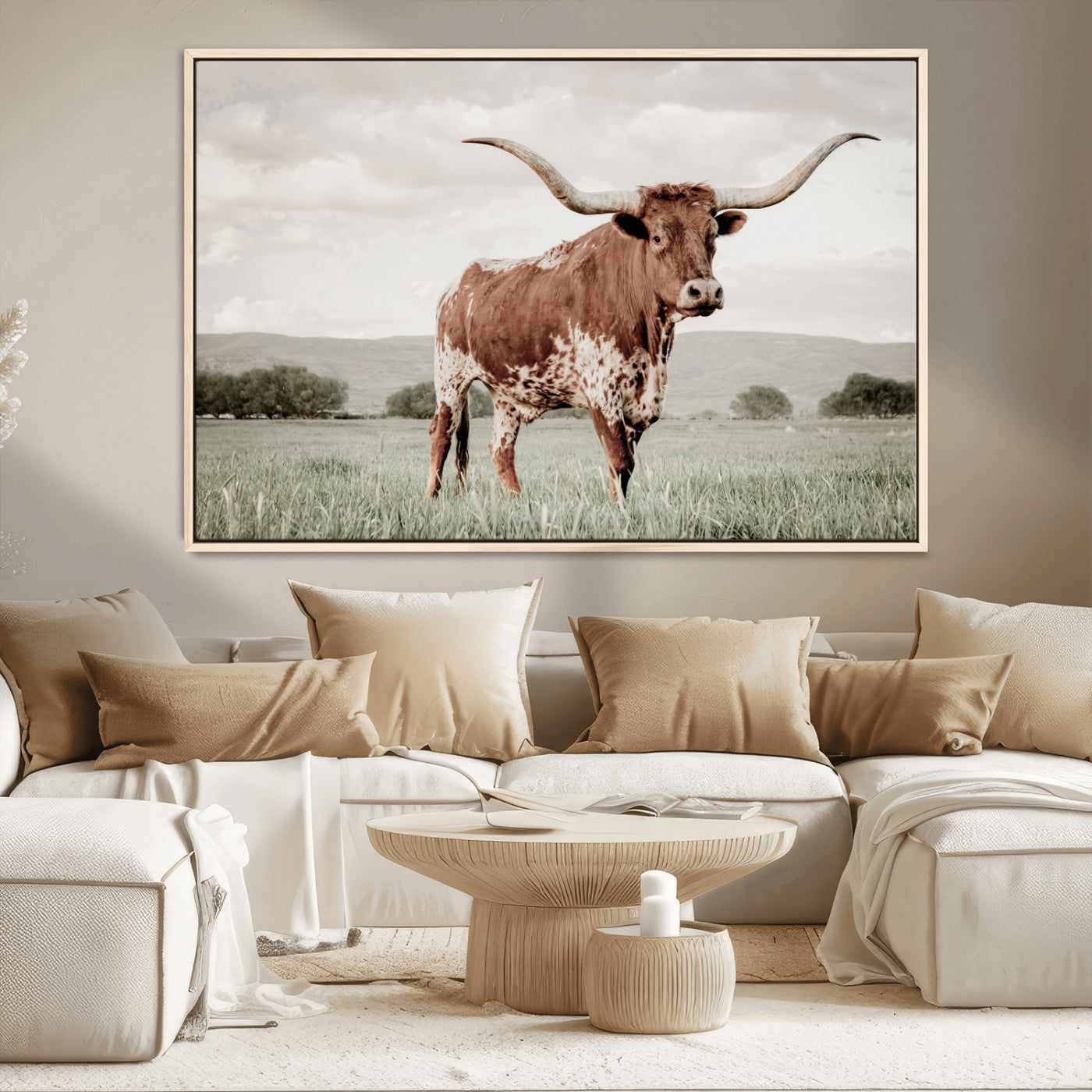 28309012-MGV-CV-36X24-Texas Longhorn Wall Art Canvas Print, Framed Spotted Cattle Art Picture Print, Horned Bull Perfect Rustic Western Decor Artwork
