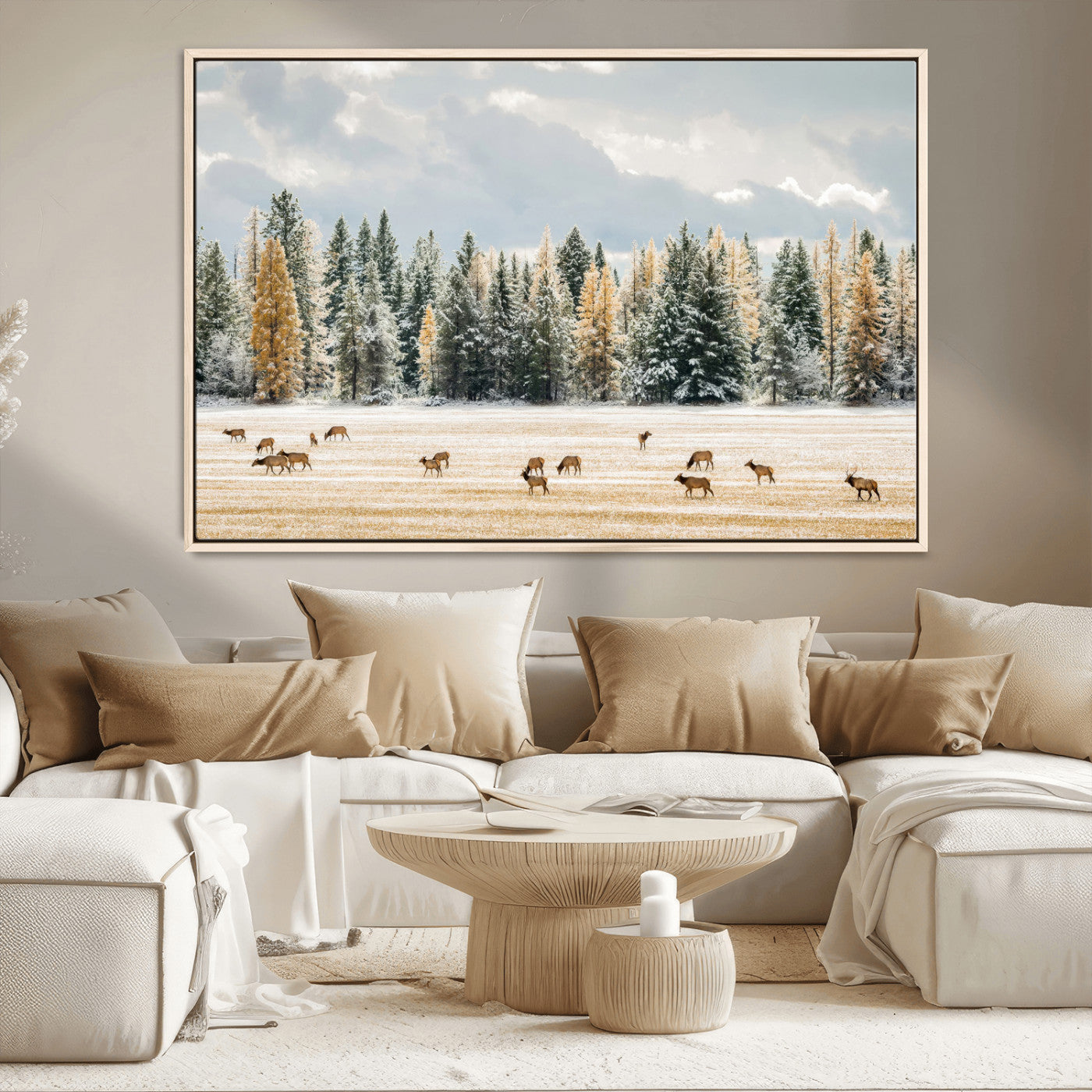 64188182-MGV-CV-36X24-Elk Herd Wall Art Canvas Print, Framed Snowy Forest Art Picture Print, Forest Elks Perfect Neutral Rustic Decor Artwork