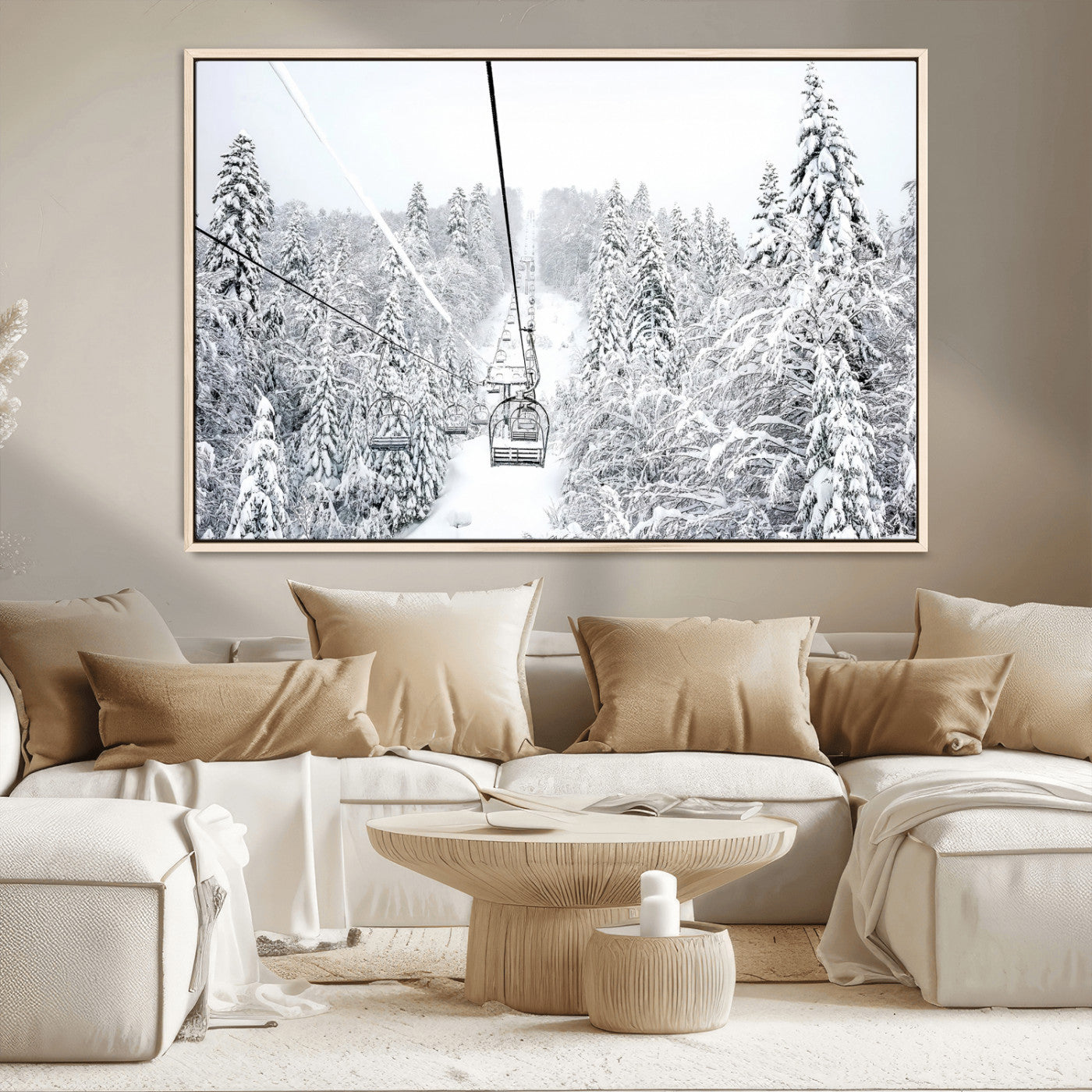 60296839-MGV-CV-36X24-Snowy Mountains Wall Art Canvas Print, Framed Ski Lift Art Picture Print, Winter Forest Perfect Winter Minimalist Decor Artwork