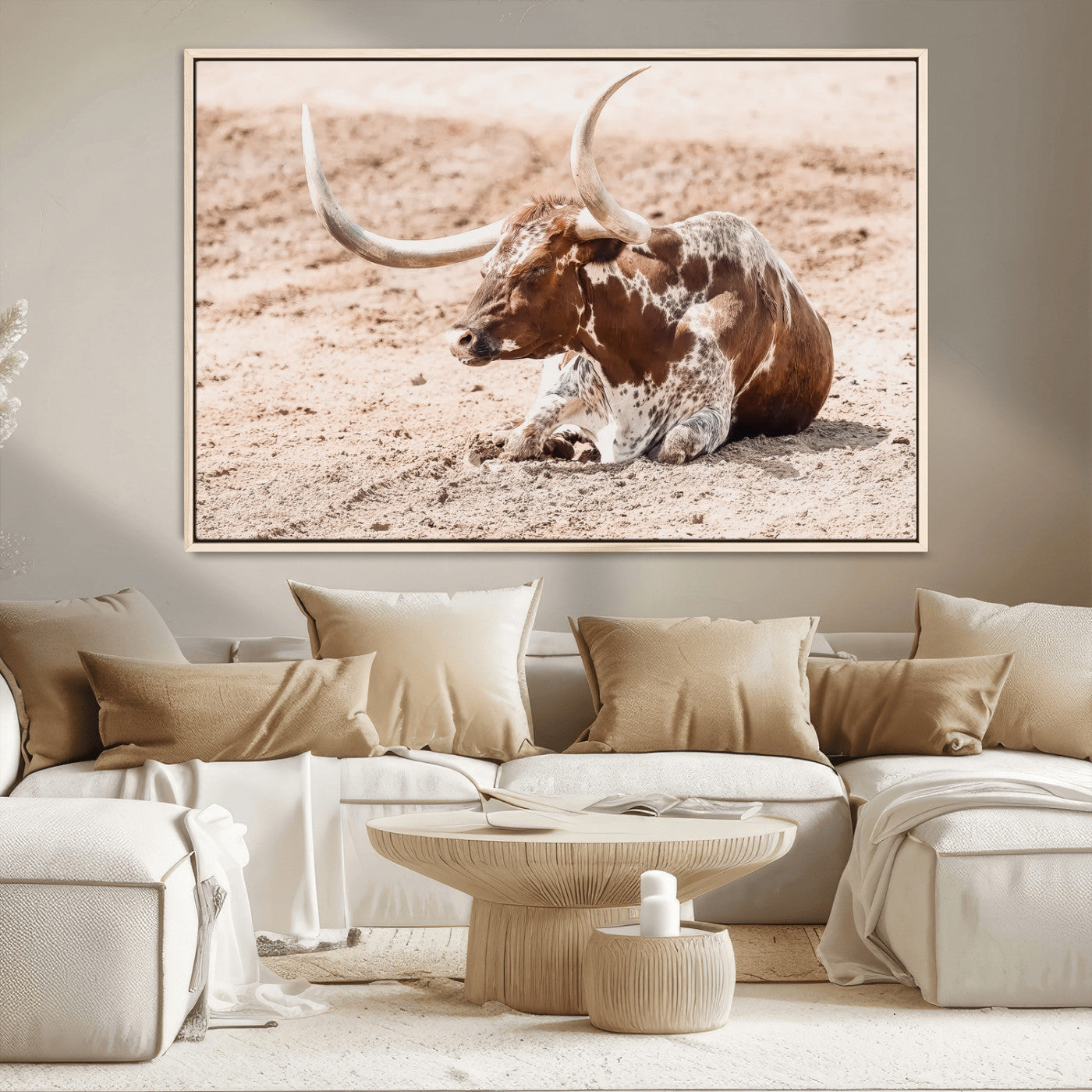 91248682-MGV-CV-36X24-Texas Longhorn Wall Art Canvas Print, Framed Resting Bull Art Picture Print, Spotted Cattle Perfect Rustic Western Decor Artwork