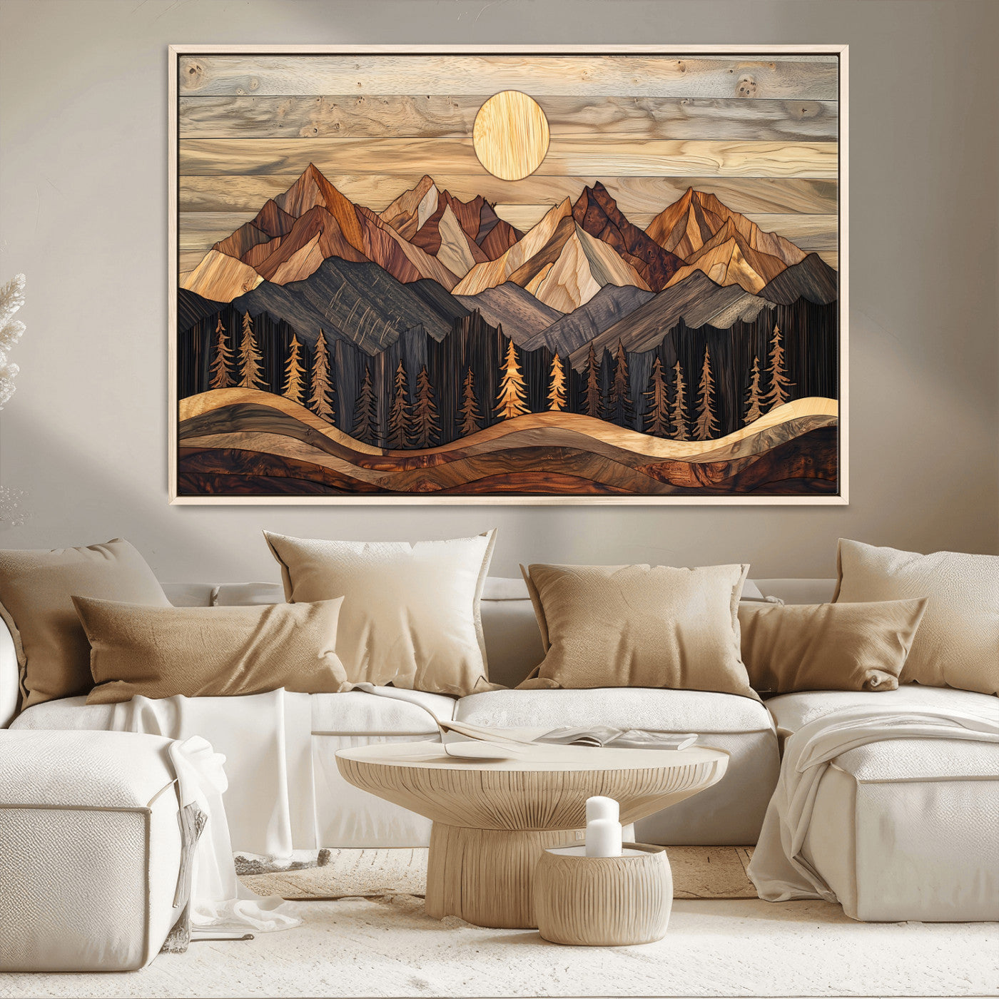 50100230-MGV-CV-36X24-Wooden Mountain Wall Art – Rustic Nature Landscape Canvas Print, Handmade Style Sun, Forest, and Peaks Artwork for Living Room,