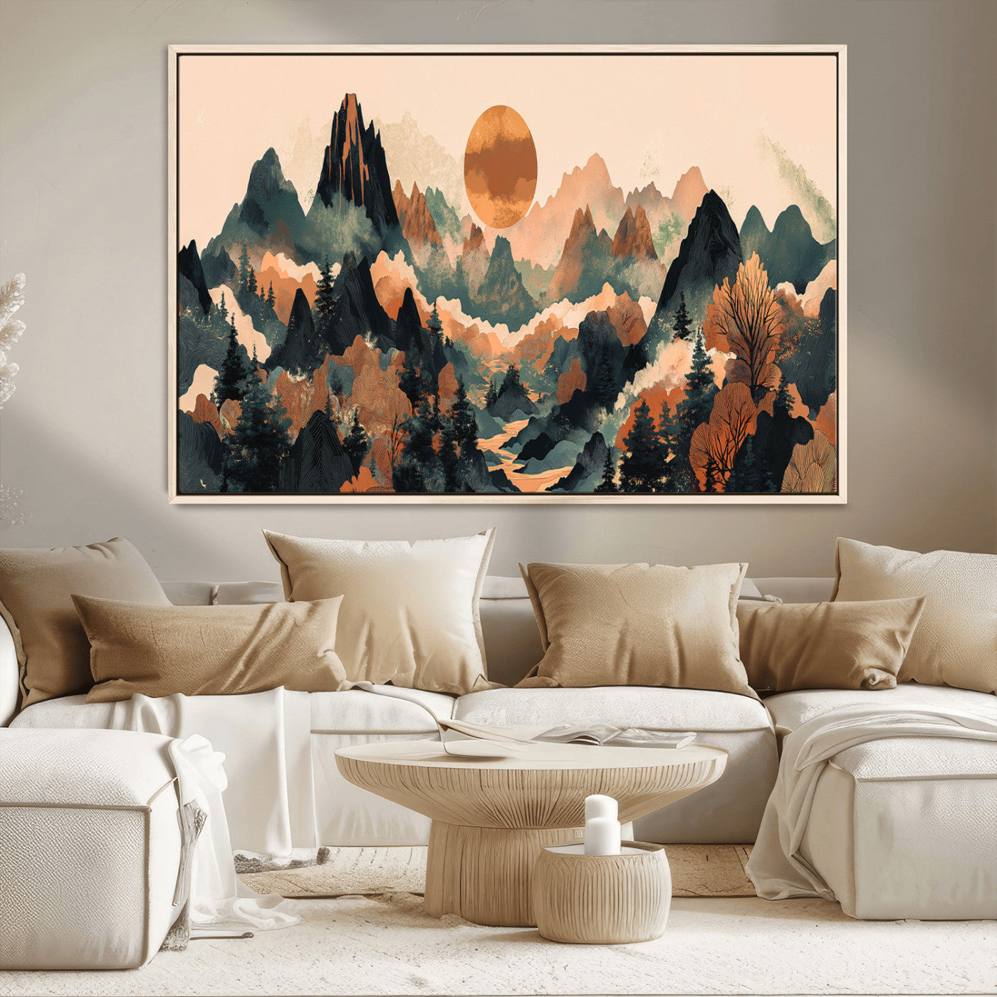 13012770-MGV-CV-36X24-Mountain Landscape Wall Art – Modern Nature Canvas Print with Sun, Misty Peaks, and Forest in Orange and Green Tones for Living