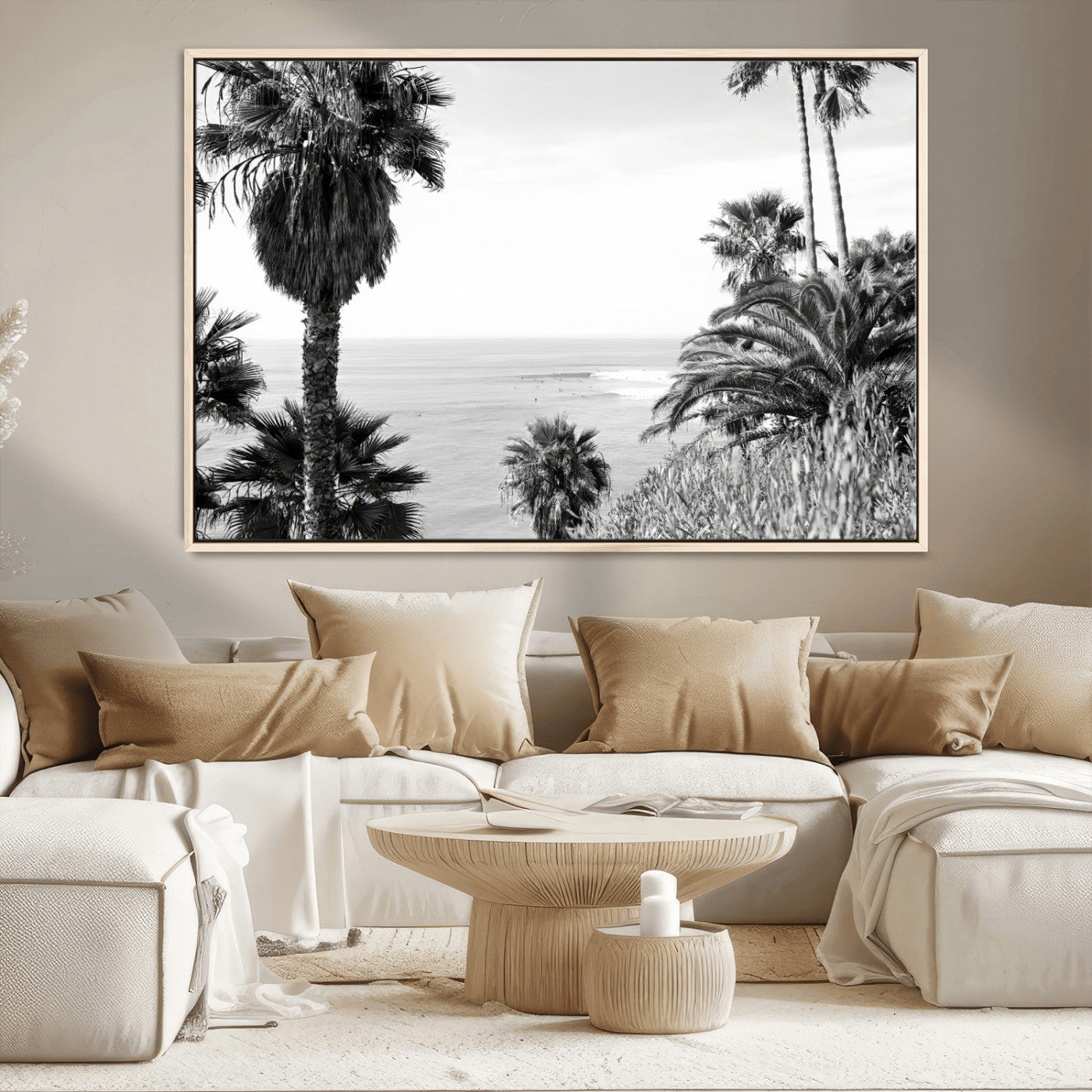 89458520-MGV-CV-36X24-Palm Trees Wall Art Canvas Print, Framed Coastal View Art Picture Print, Ocean Horizon Perfect Monochrome Coast Decor Artwork