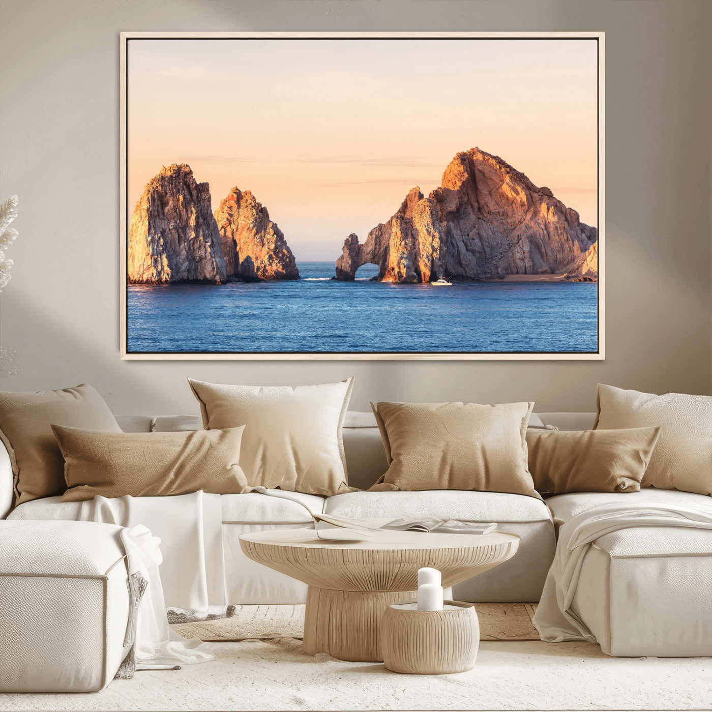 72996116-MGV-CV-36X24-El Arco Wall Art Canvas Print, Framed Cabo Rocks Art Picture Print, Ocean Arch Perfect Golden Coastal Landmark Decor Artwork
