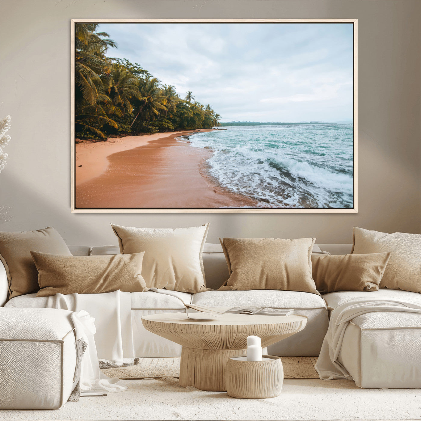 88125882-MGV-CV-36X24-Tropical Shoreline Wall Art Canvas Print, Framed Palm Trees Art Picture Print, Tropical Ocean Perfect Tropical Coastal Decor