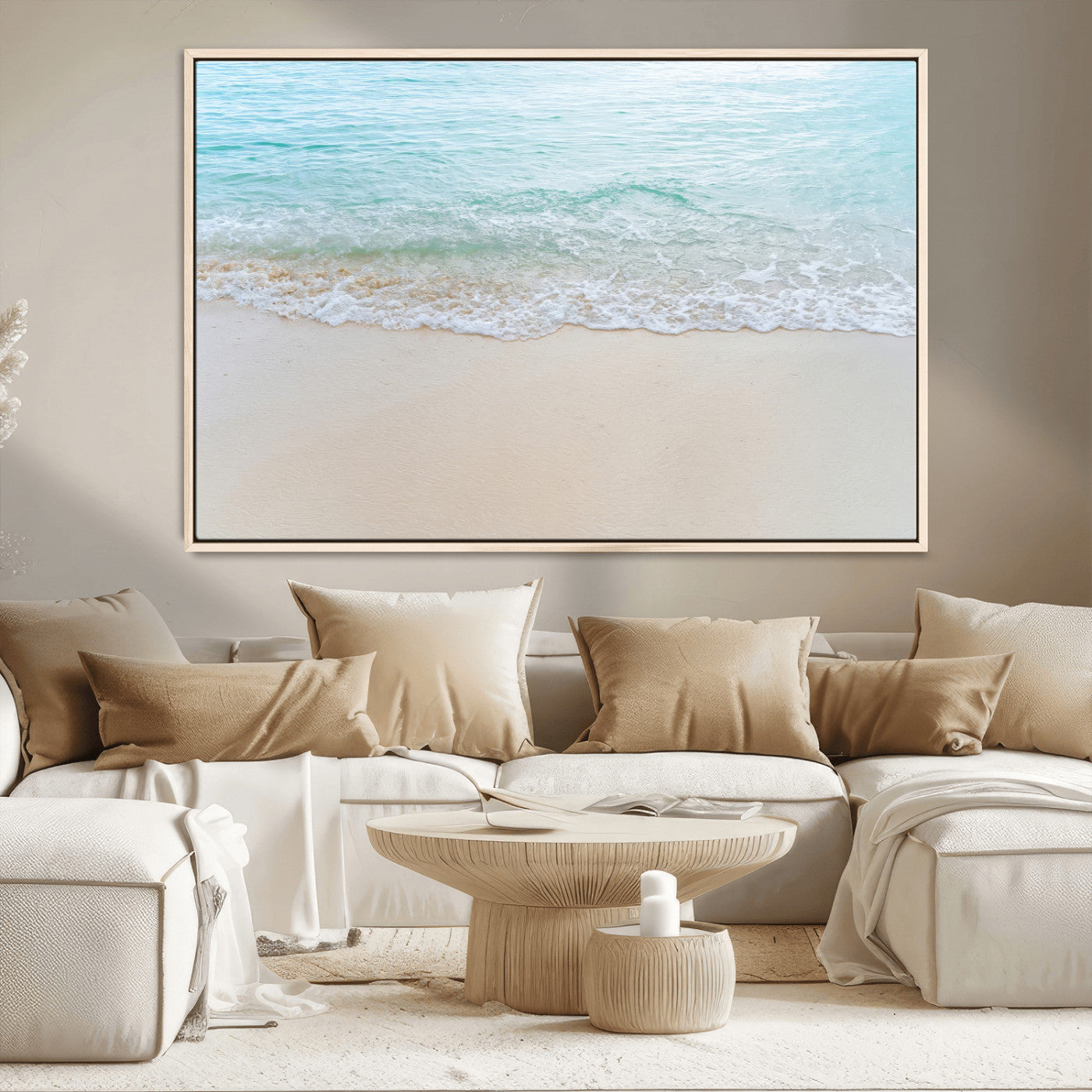 77194056-MGV-CV-36X24-Soft Shoreline Wall Art Canvas Print, Framed Gentle Waves Art Picture Print, Clear Water Perfect Minimalist Coastal Decor Artwork