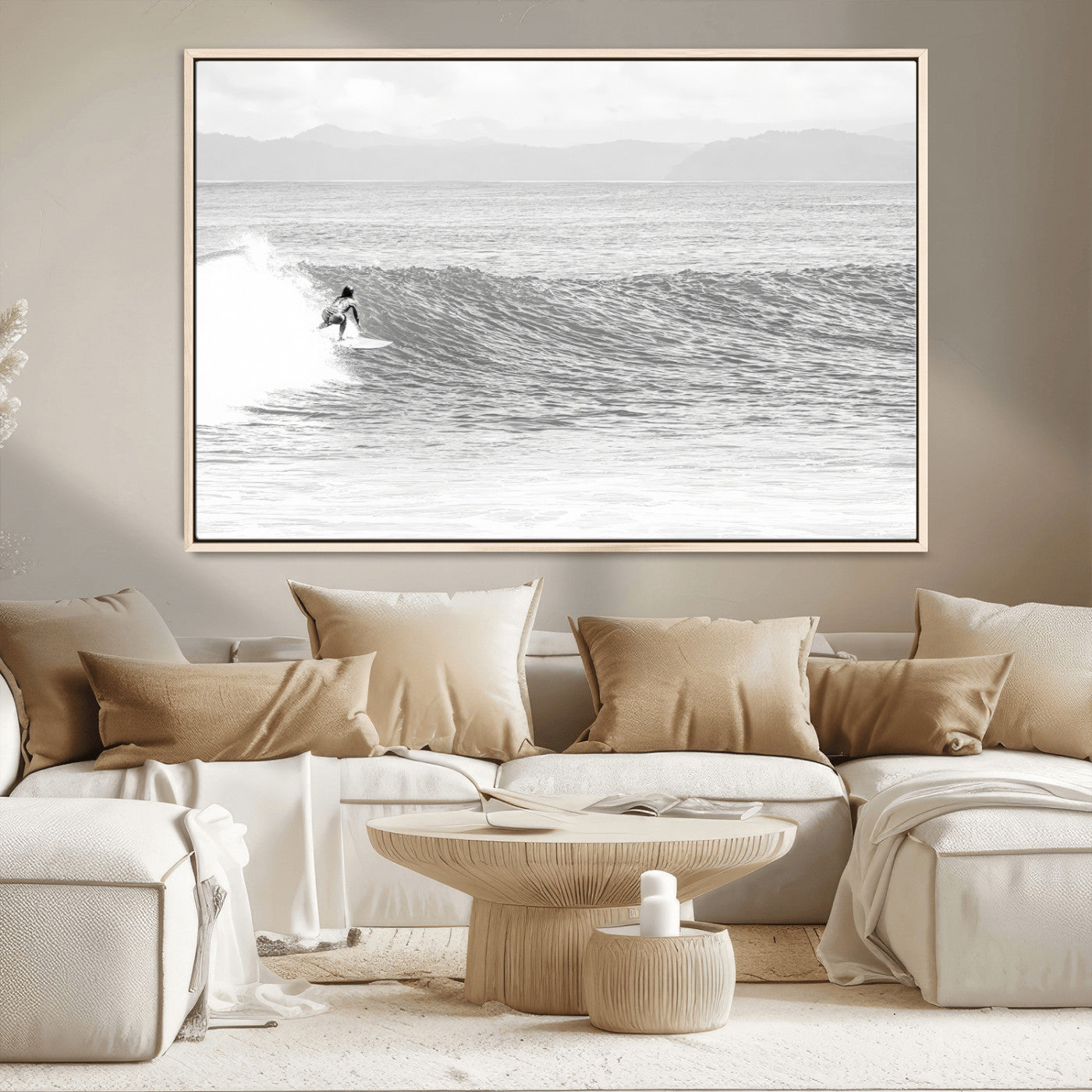 81535128-MGV-CV-36X24-Surfer Woman Wall Art Canvas Print, Framed Black Ocean Art Picture Print, Ocean Surfing Perfect Monochrome Coastal Decor Artwork