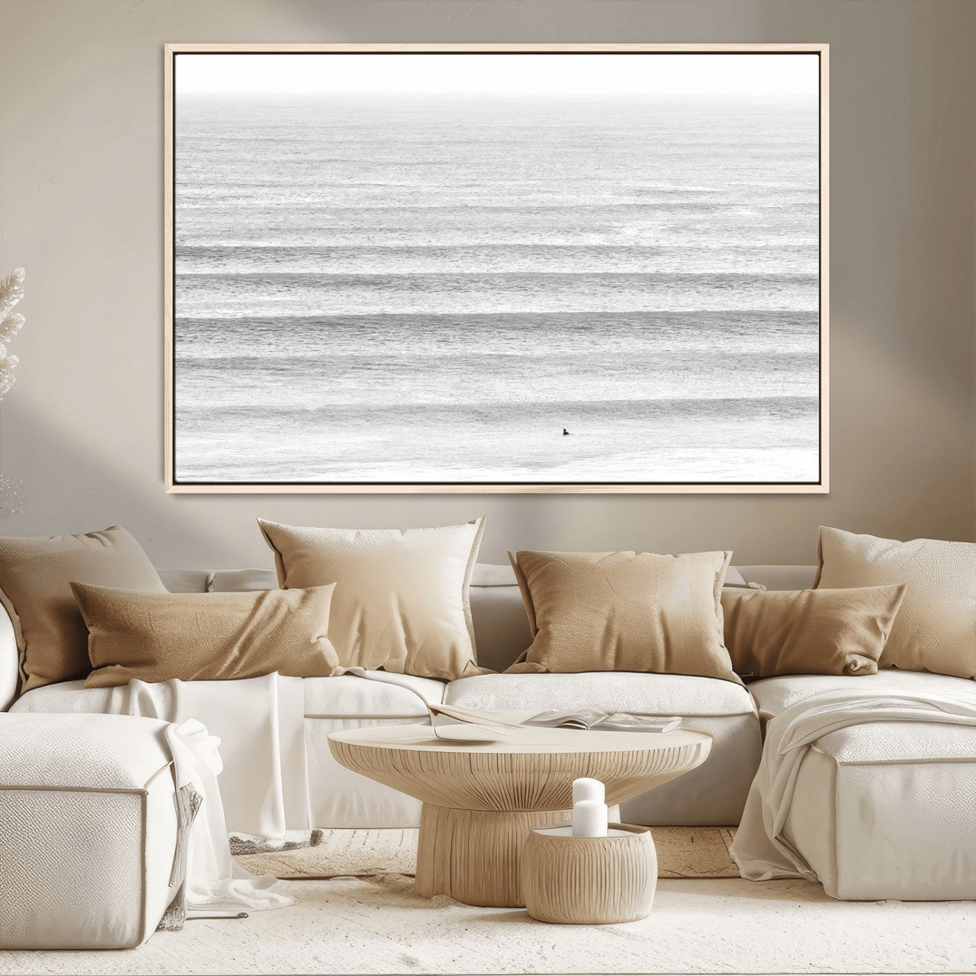 66534476-MGV-CV-36X24-Lone Surfer Wall Art Canvas Print, Framed Ocean Waves Art Picture Print, Minimal Sea Perfect Minimal Coastal Decor Artwork