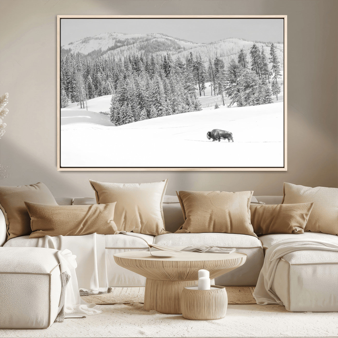 68081143-MGV-CV-36X24-Snowy Bison Wall Art Canvas Print, Framed Winter Forest Art Picture Print, Lone Bison Perfect Monochrome Winter Wild Decor Artwork