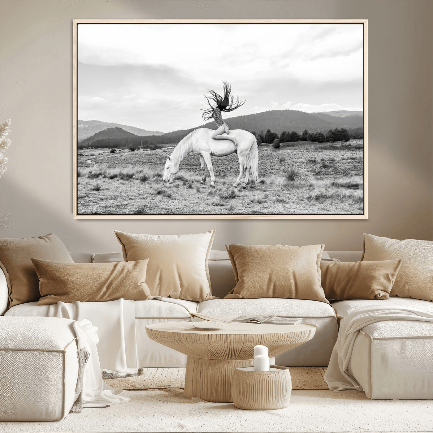 62789800-MGV-CV-36X24-White Horse Wall Art Canvas Print, Framed Woman Rider Art Picture Print, Equestrian Pose Perfect Western Boho Decor Artwork