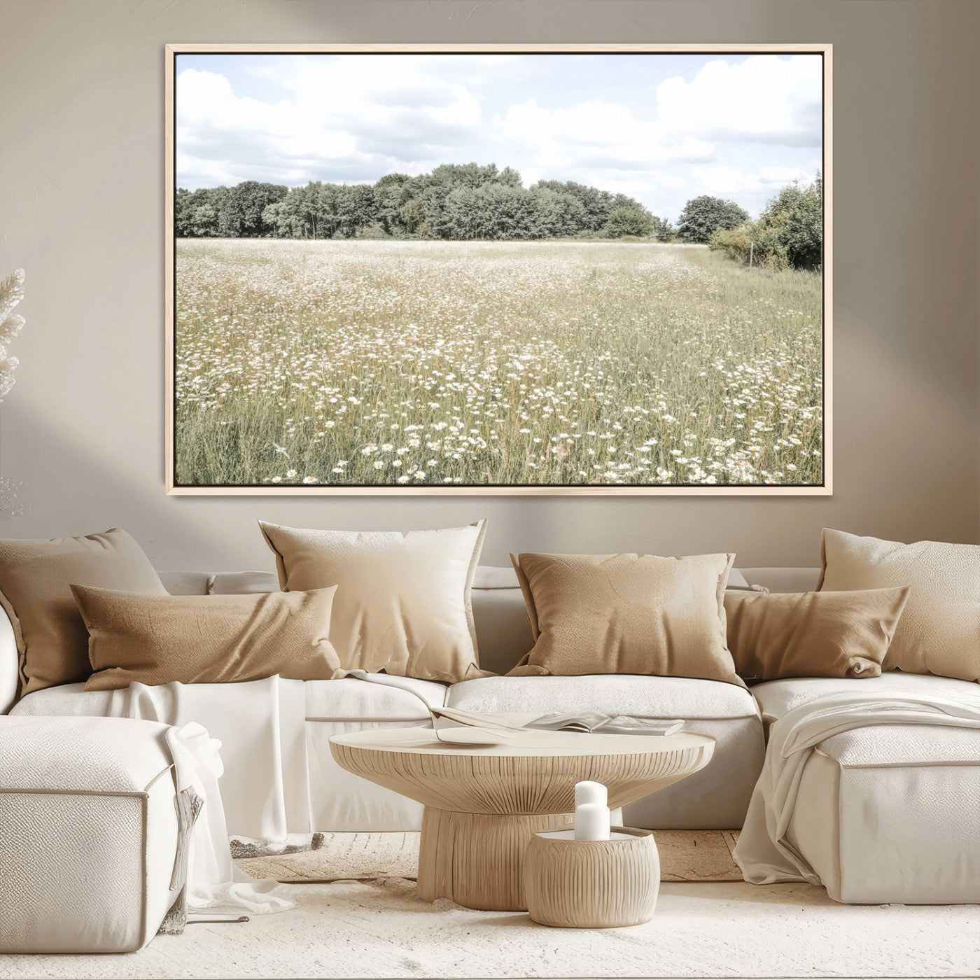 43258946-MGV-CV-36X24-Daisy Field Wall Art Canvas Print, Framed Pastel Flower Art Picture Print, Meadow Bloom Perfect Scandinavian Minimalist Decor