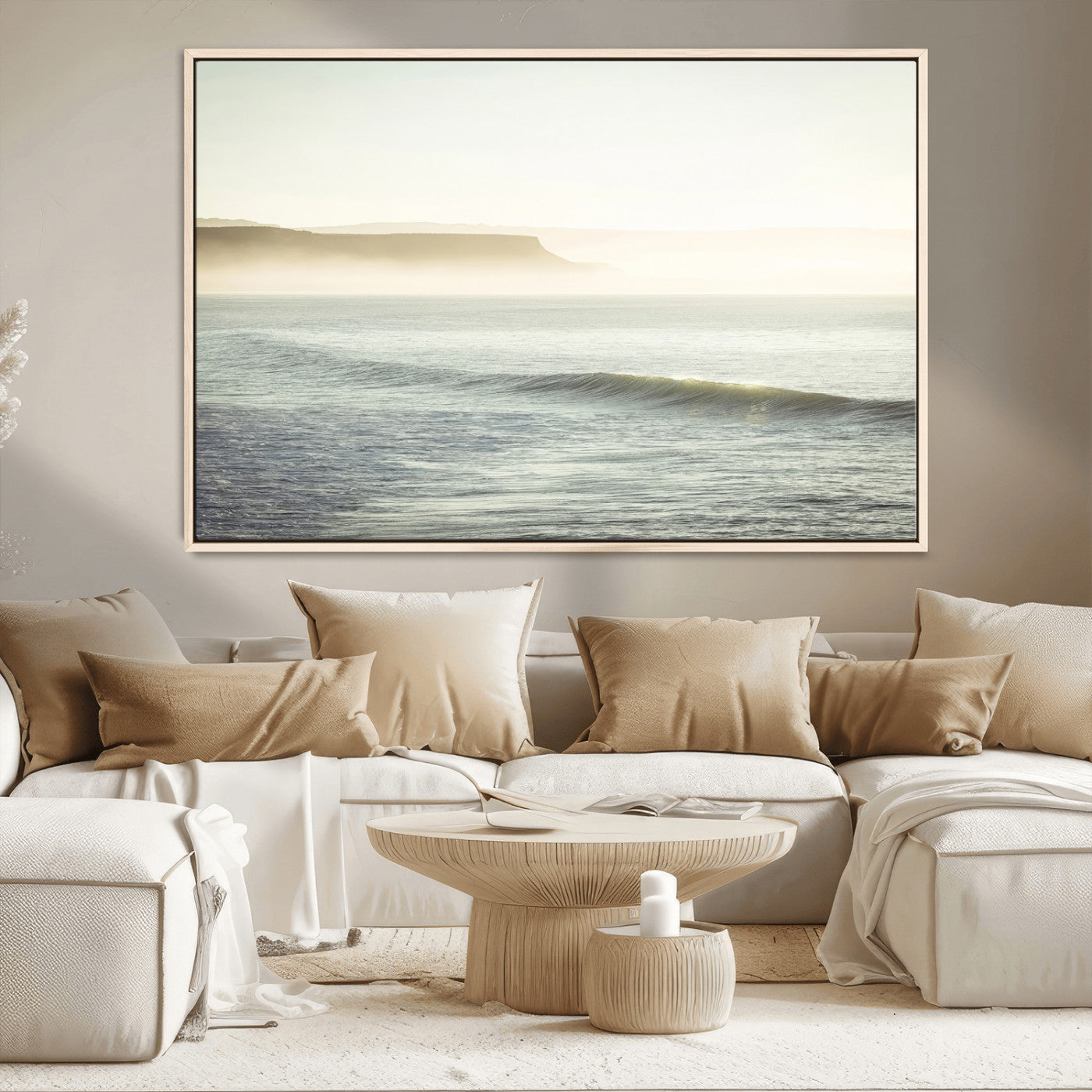 39310633-MGV-CV-36X24-Coastal Cliffs Wall Art Canvas Print, Framed Misty Ocean Art Picture Print, Morning Light Perfect Minimalistic Coastal Decor