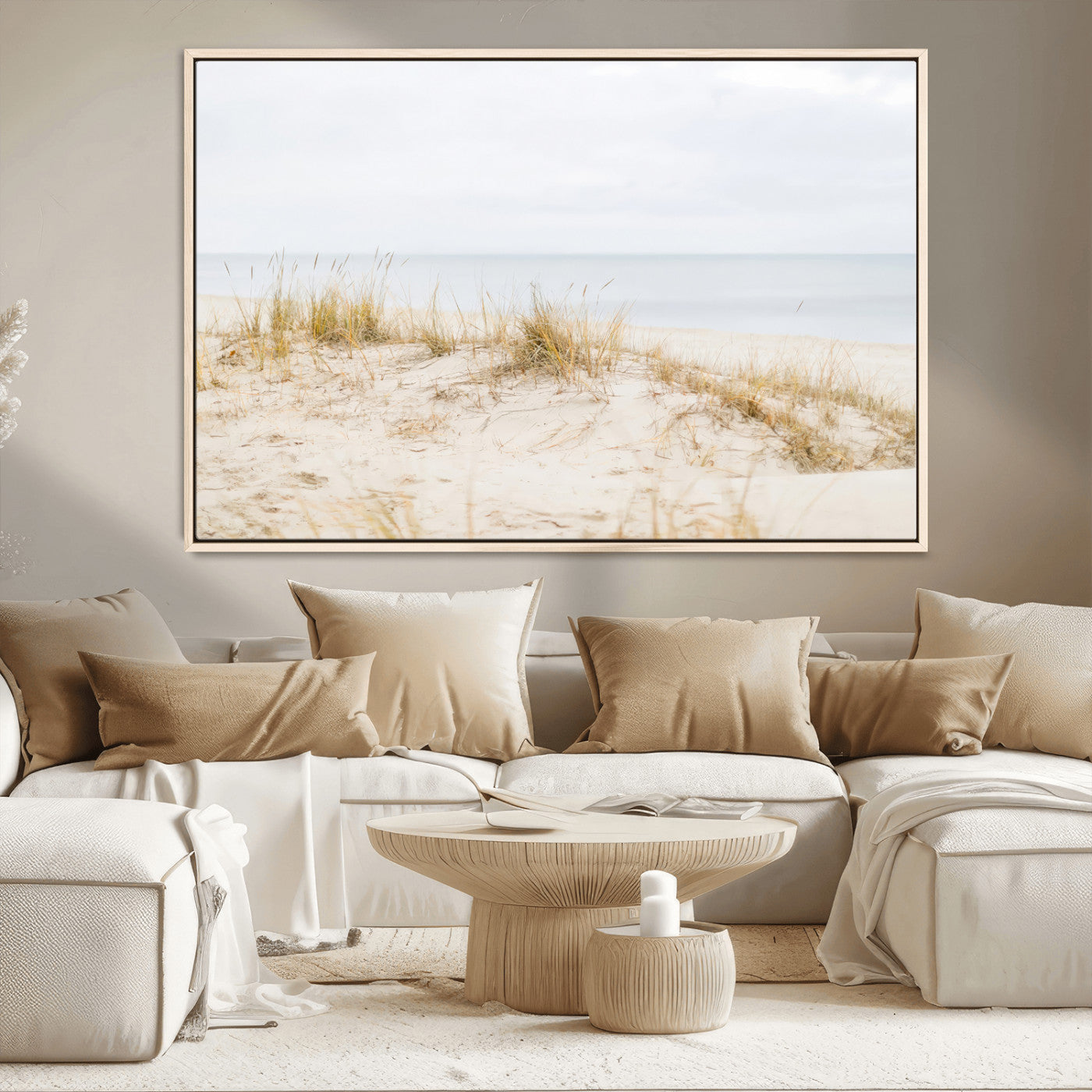 13146857-MGV-CV-36X24-Beach Dunes Wall Art Canvas Print, Framed Soft Horizon Art Picture Print, Coastal Grass Perfect Minimalist Coastal Decor Artwork