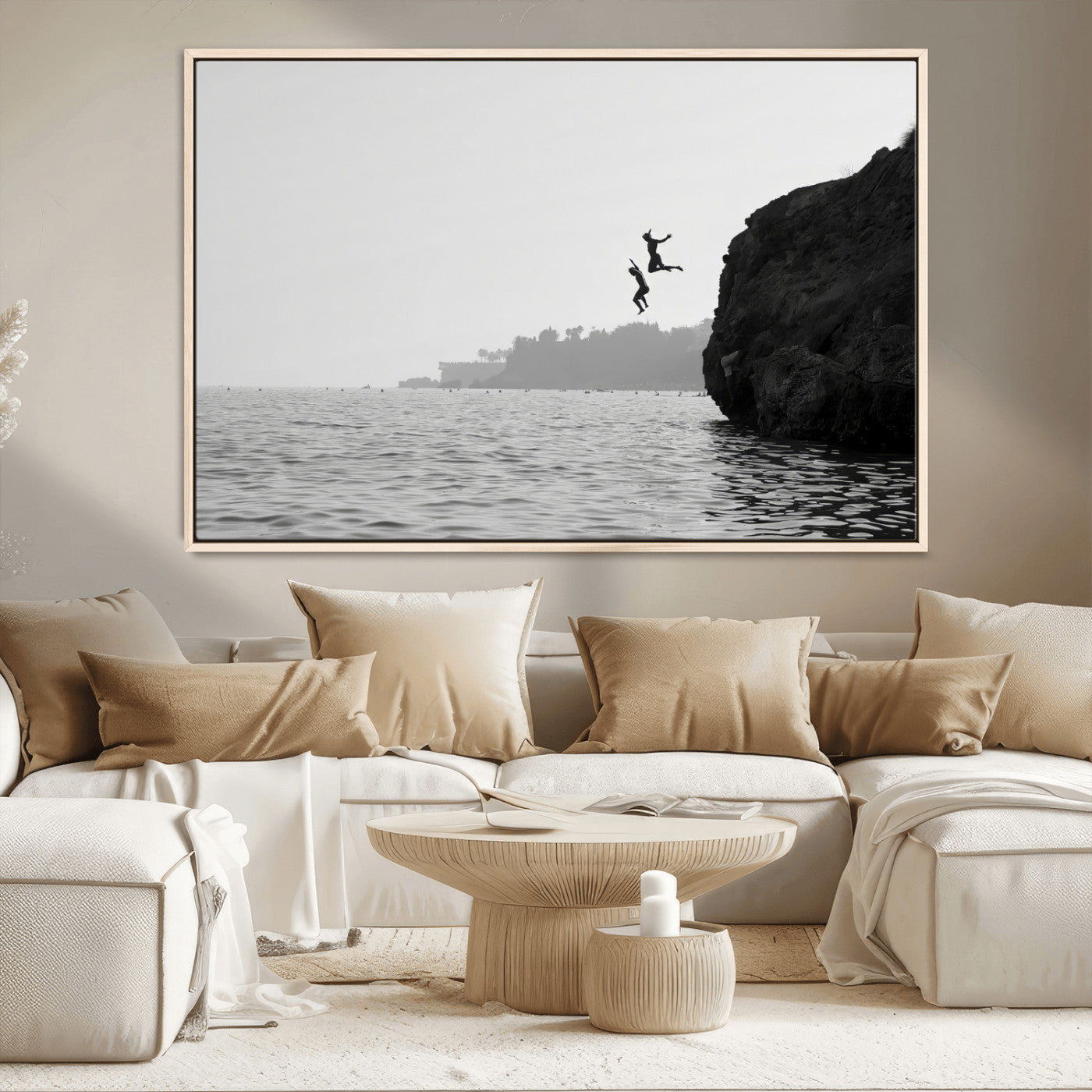 52284302-MGV-CV-36X24-Cliff Jumping Wall Art Canvas Print, Framed Ocean Adventure Art Picture Print, Black White Coast Perfect Modern Coastal Decor