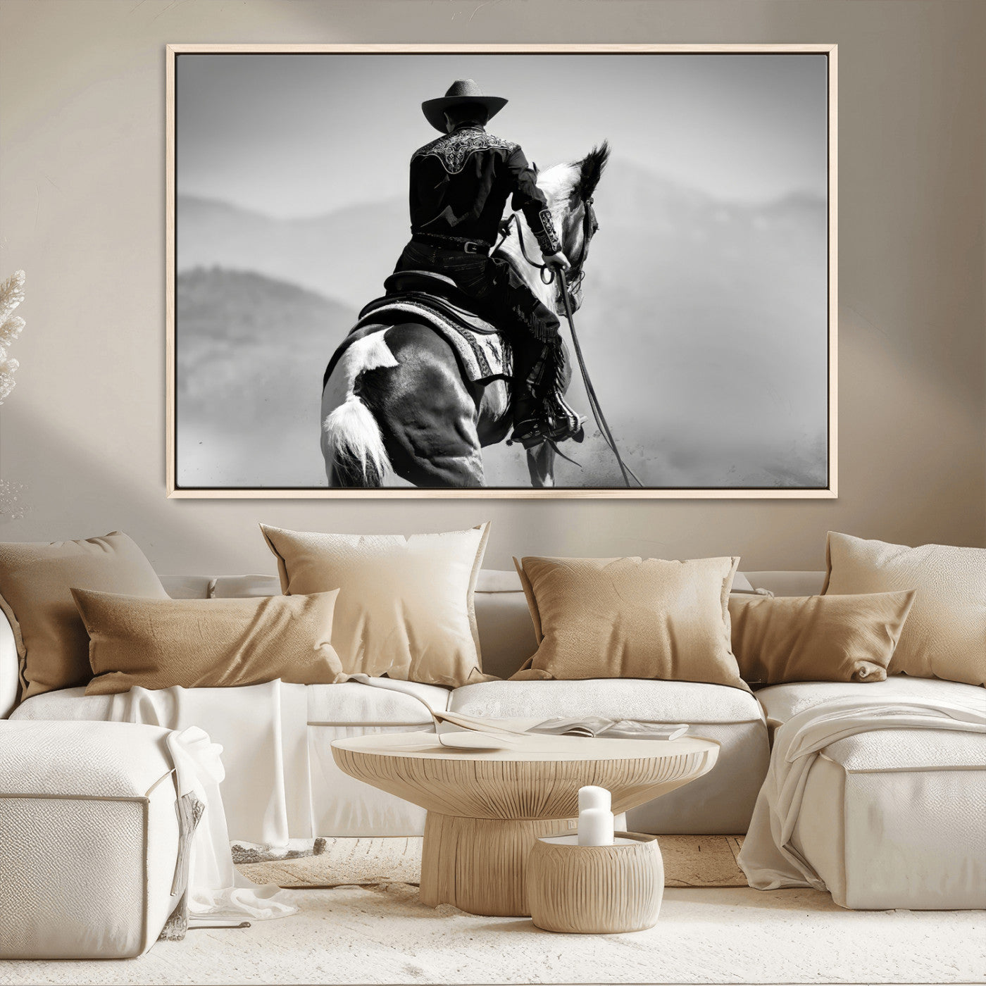 83102464-MGV-CV-36X24-Western Cowboy Wall Art Canvas Print, Framed Monochrome Horse Art Picture Print, Western Equestrian Perfect Rustic Western Decor