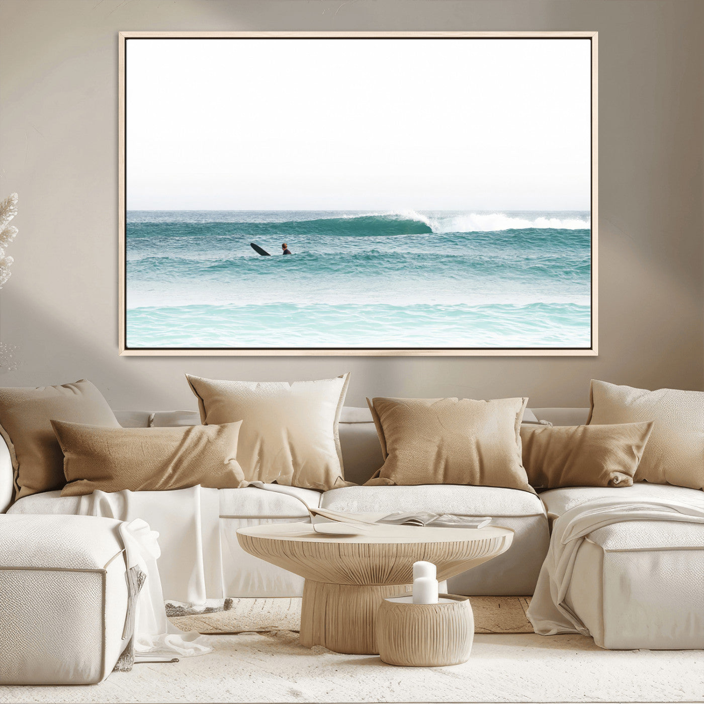 56345117-MGV-CV-36X24-Minimalist Surfing Wall Art Canvas Print, Framed Ocean Waves Art Picture Print, Soft Ocean Perfect Minimalist Coastal Decor