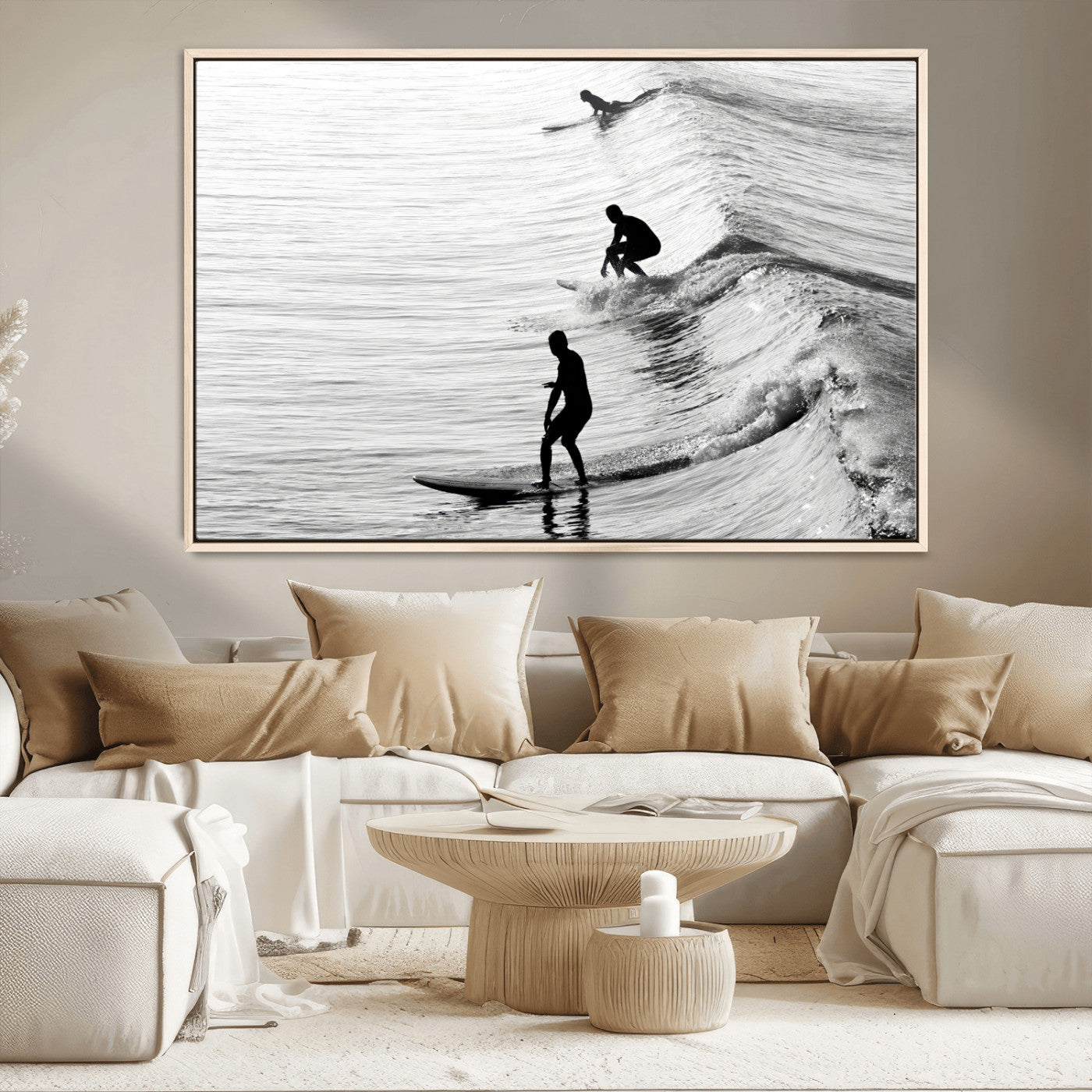 19875284-MGV-CV-36X24-Surfer Waves Wall Art Canvas Print, Framed Black White Surf Art Picture Print, Monochrome Ocean Perfect Modern Coastal Decor