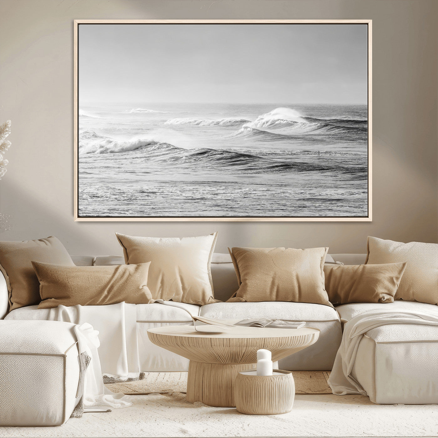 98634812-MGV-CV-36X24-Black and White Ocean Waves Wall Art – Minimalist Sea Canvas Print, Coastal Photography Decor for Living Room, Bedroom or Office