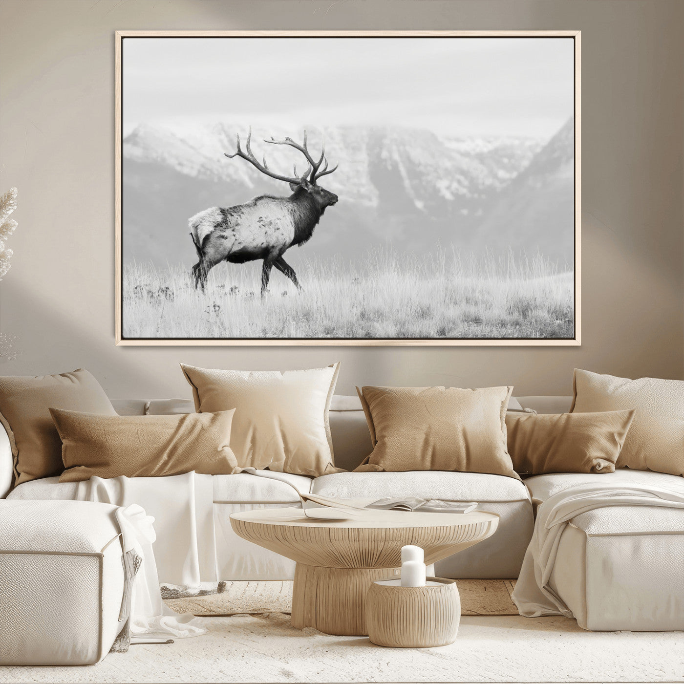 62278753-MGV-CV-36X24-Monochrome Elk Wall Art Canvas Print, Framed Mountain Wildlife Art Picture Print, Rustic Nature Perfect Rustic Minimalist Decor