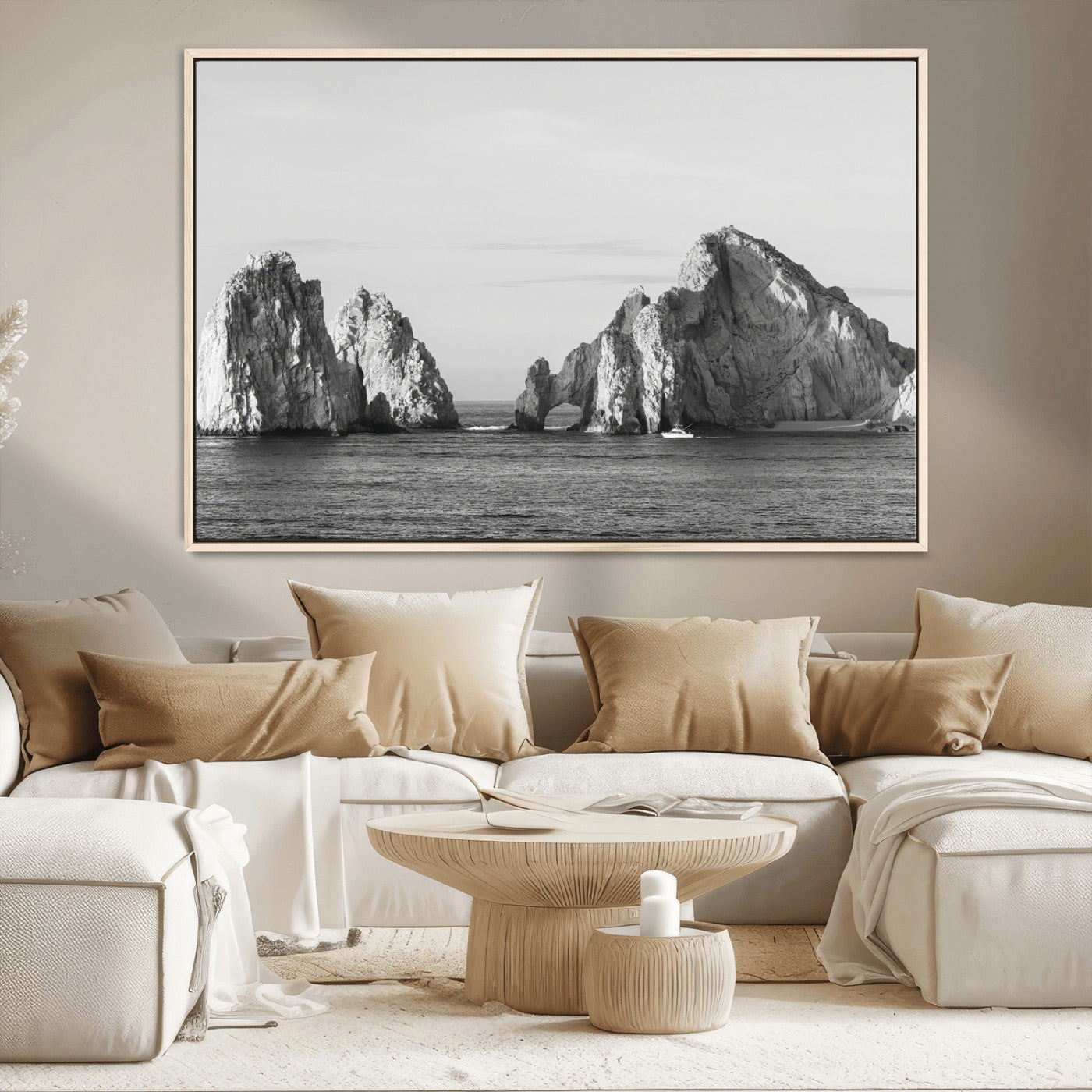 18810731-MGV-CV-36X24-Rugged Coastline Wall Art Canvas Print, Framed Ocean Cliffs Art Picture Print, Monochrome Seascape Perfect Coastal Minimalist