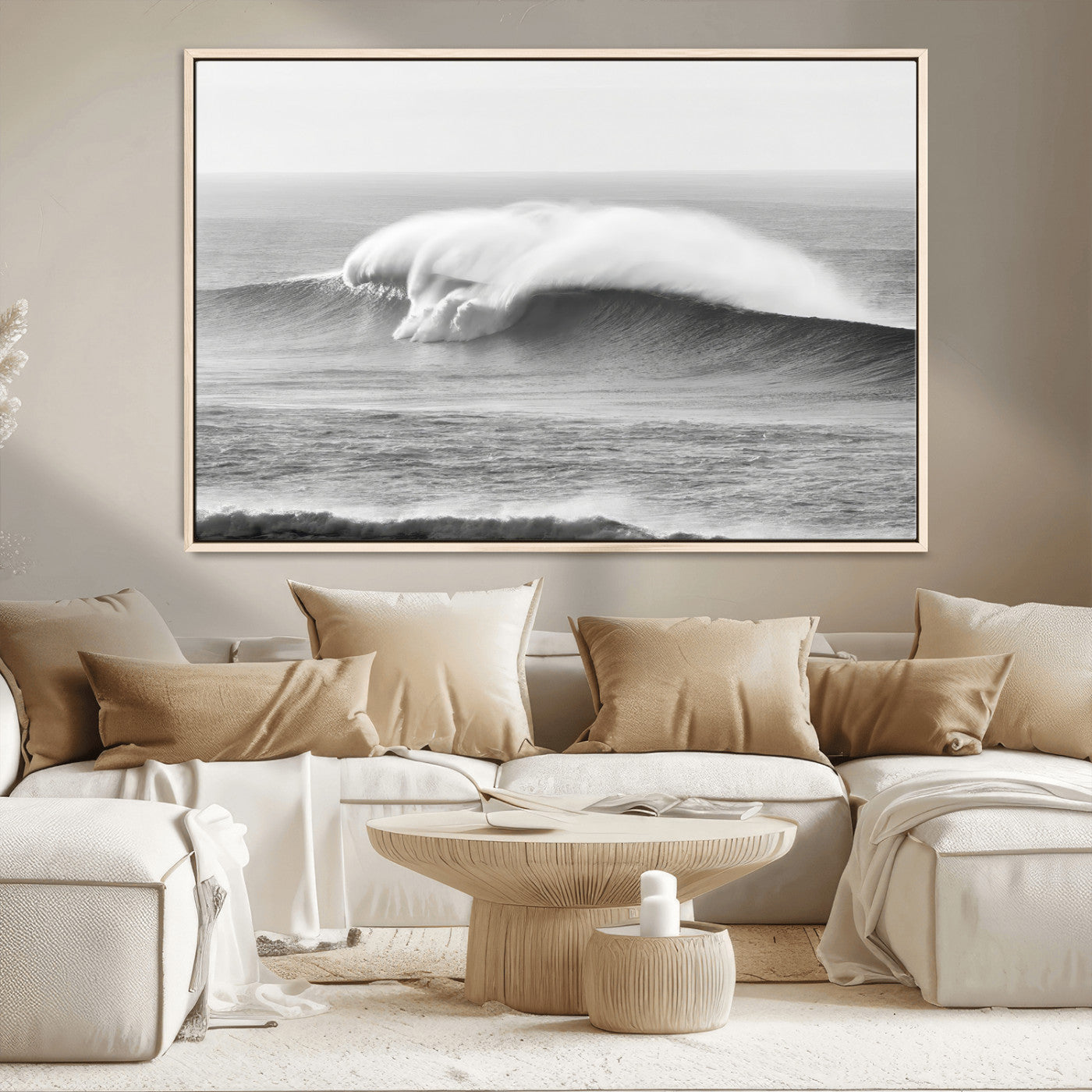 42544082-MGV-CV-36X24-Monochrome Seascape Wall Art Canvas Print, Framed Surf Wave Art Picture Print, Minimalist Ocean Perfect Moody Coastal Decor