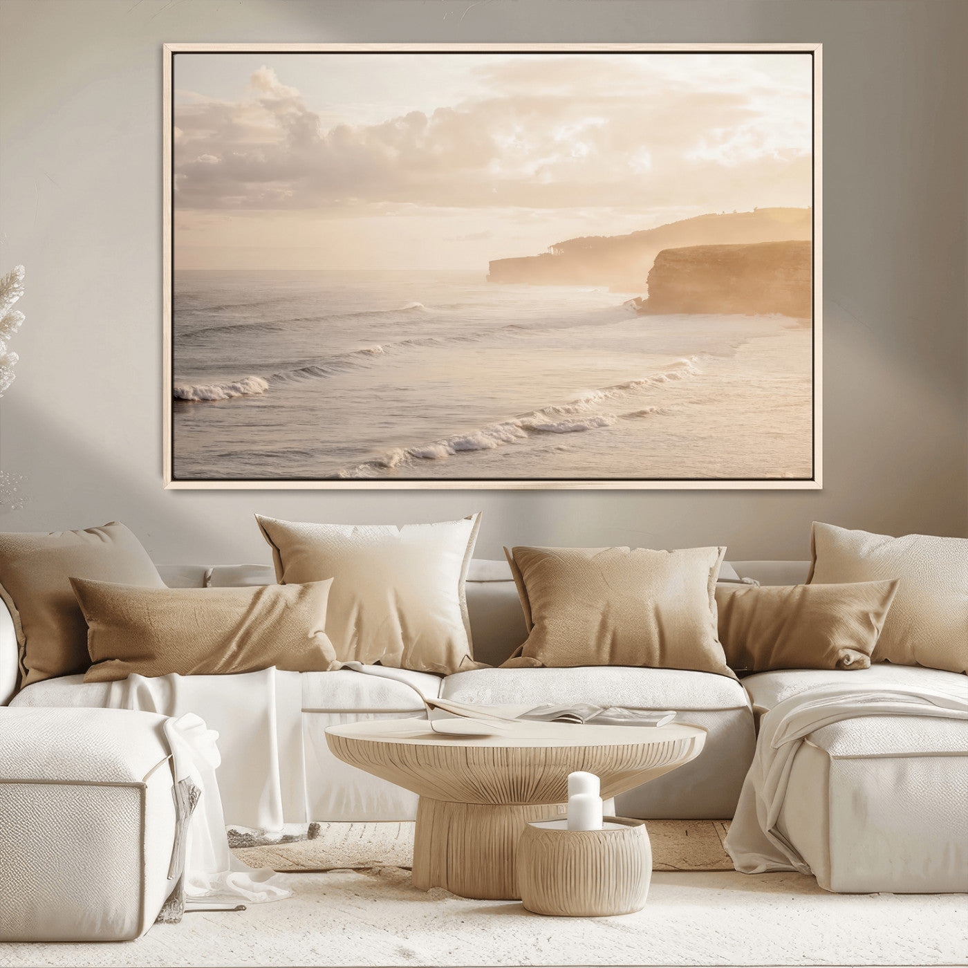 57669769-MGV-CV-36X24-Misty Coastal Wall Art Canvas Print, Framed Golden Sunset Art Picture Print, Serene Shoreline Perfect Tranquil Coastal Decor