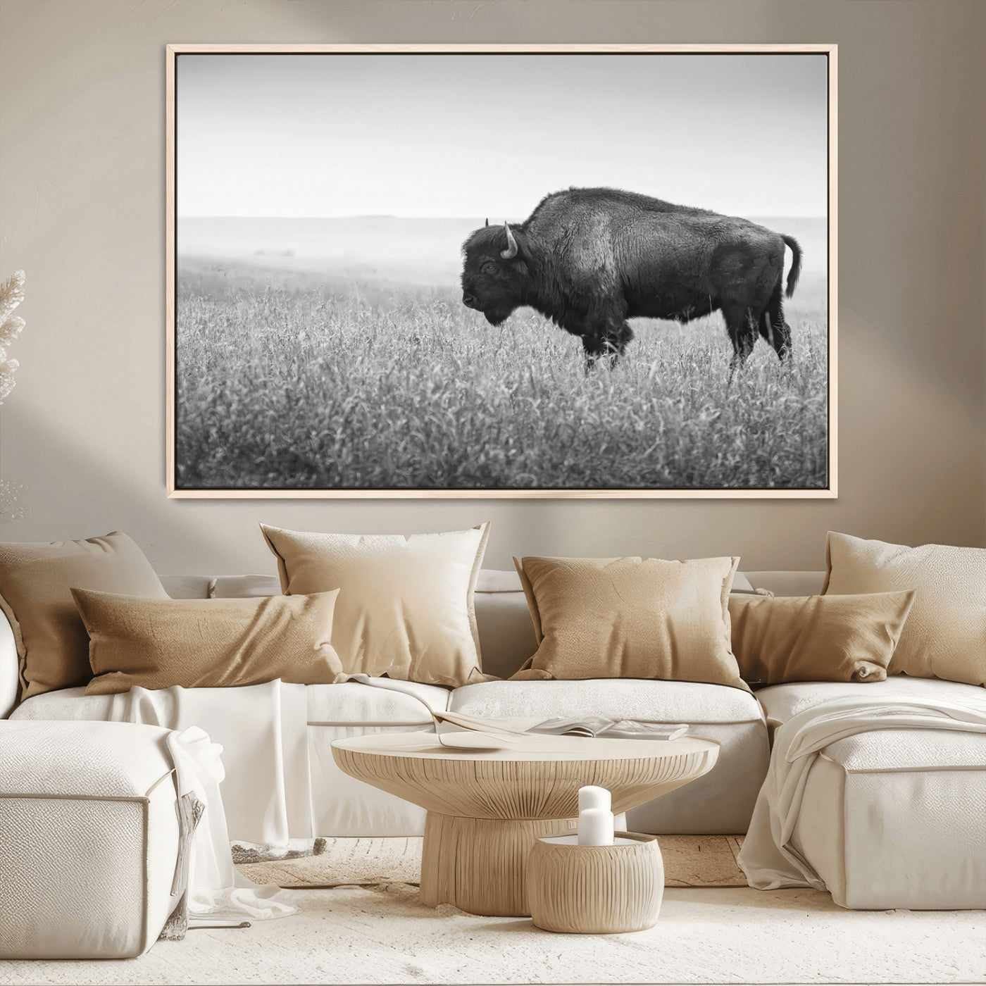 28435251-MGV-FC-36X24_Natural-Bison In Prairie Wall Art Canvas Print, Framed Rustic Wildlife Art Picture Print, Wild Buffalo Perfect Rustic Western Decor