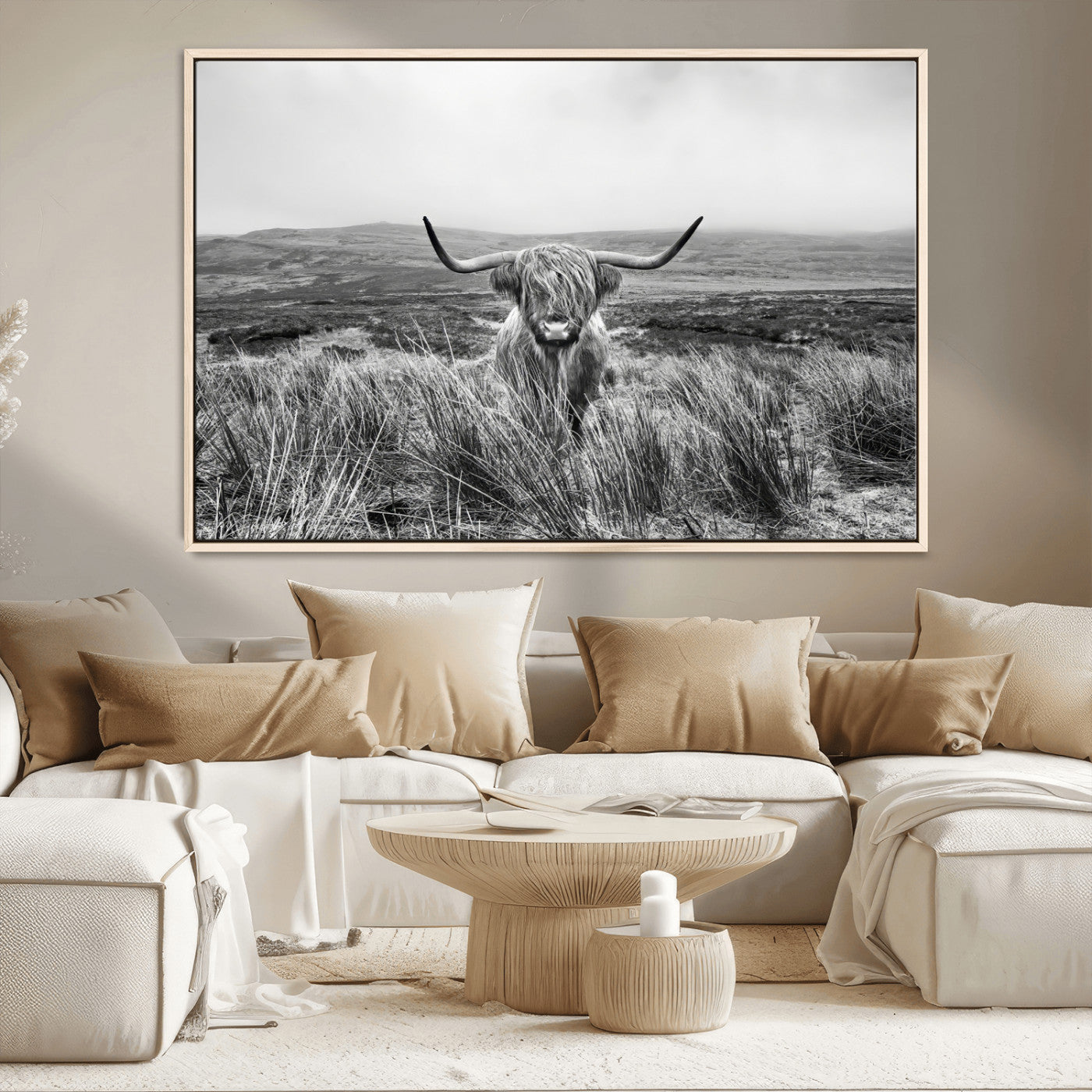 24051061-MGV-CV-36X24-Monochrome Highland Cow Wall Art Canvas Print, Framed Scottish Bull Art Picture Print, Lone Cattle Perfect Rustic Farmhouse Decor