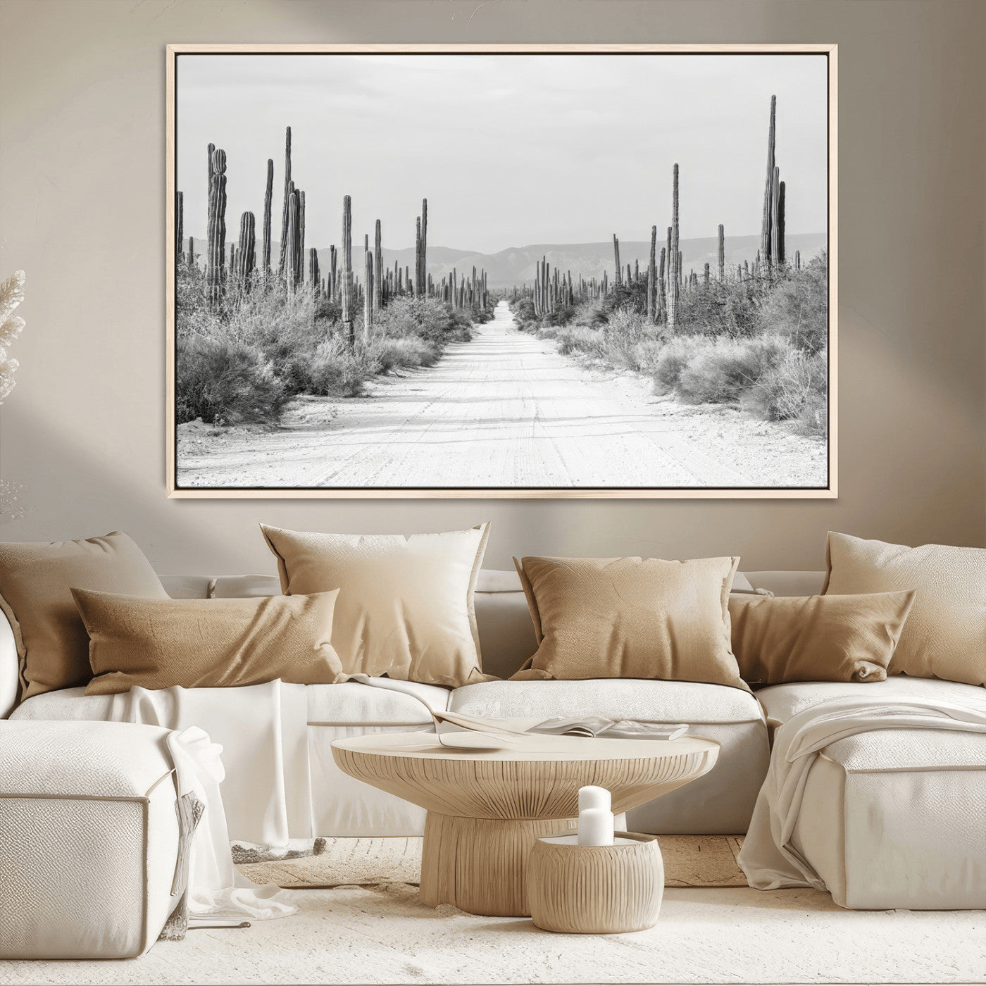 35537313-MGV-CV-36X24-Monochrome Desert Wall Art Canvas Print, Framed Cactus Path Art Picture Print, Southwestern Landscape Perfect Southwestern