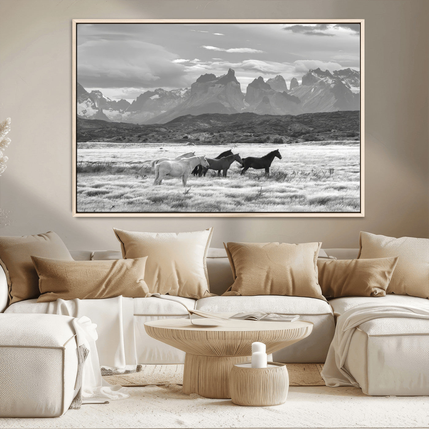 21655040-MGV-FC-36X24_Natural-Wild Horses Wall Art Canvas Print, Framed Black White Mountains Art Picture Print, Rustic Countryside Perfect Rustic Western Decor