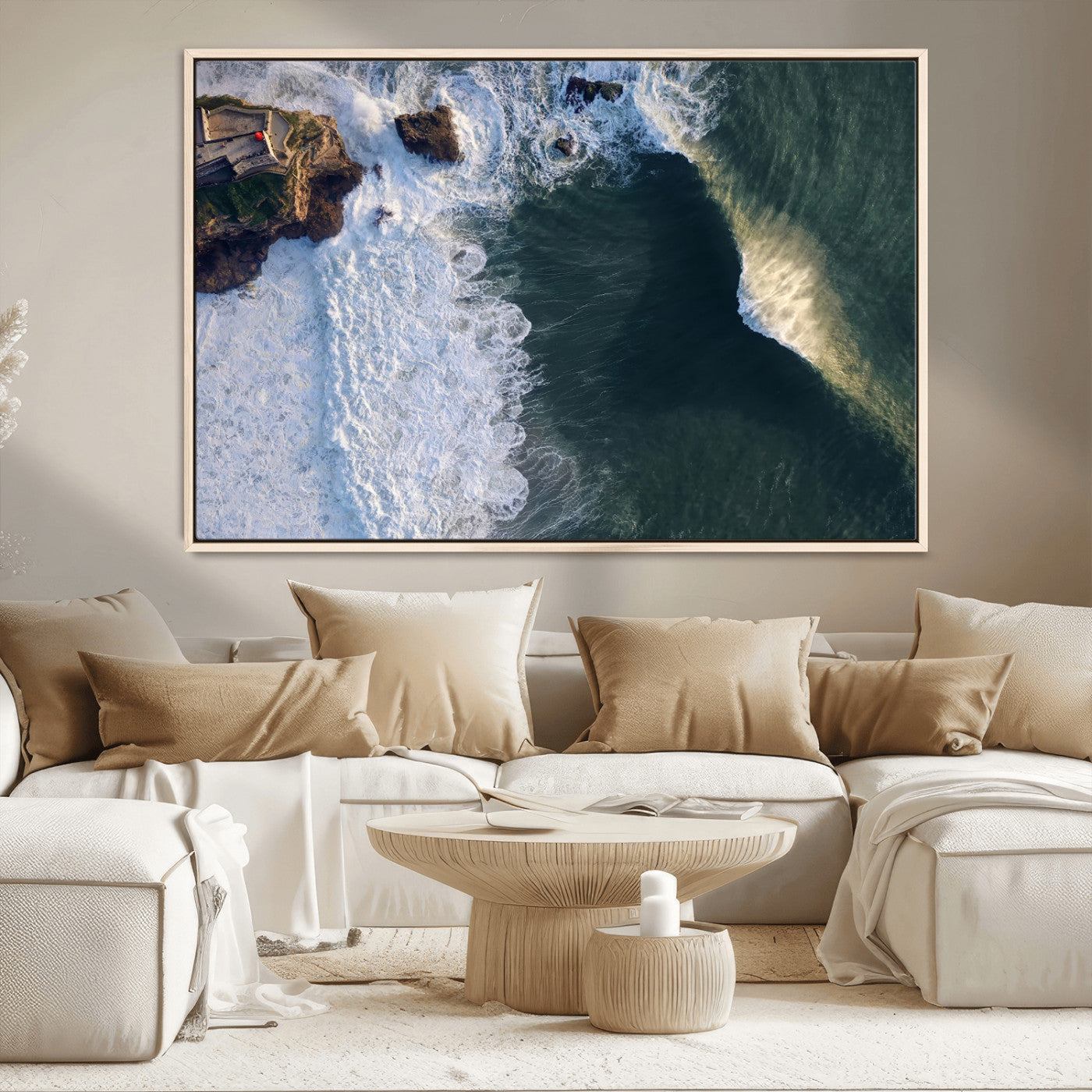 37405684-MGV-CV-36X24-Nazaré Coast Wall Art Canvas Print, Framed Aerial Ocean Art Picture Print, Coastal Fortress Perfect Dramatic Coastal Decor Artwork