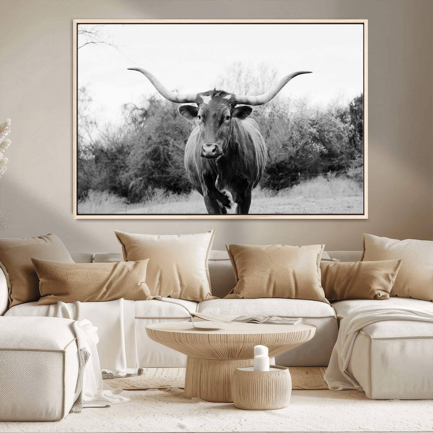 97280319-MGV-CV-36X24-Longhorn Photography Wall Art Canvas Print, Framed Western Cow Decor Art Picture Print, Texas Ranch Style Perfect Rustic Farmhouse