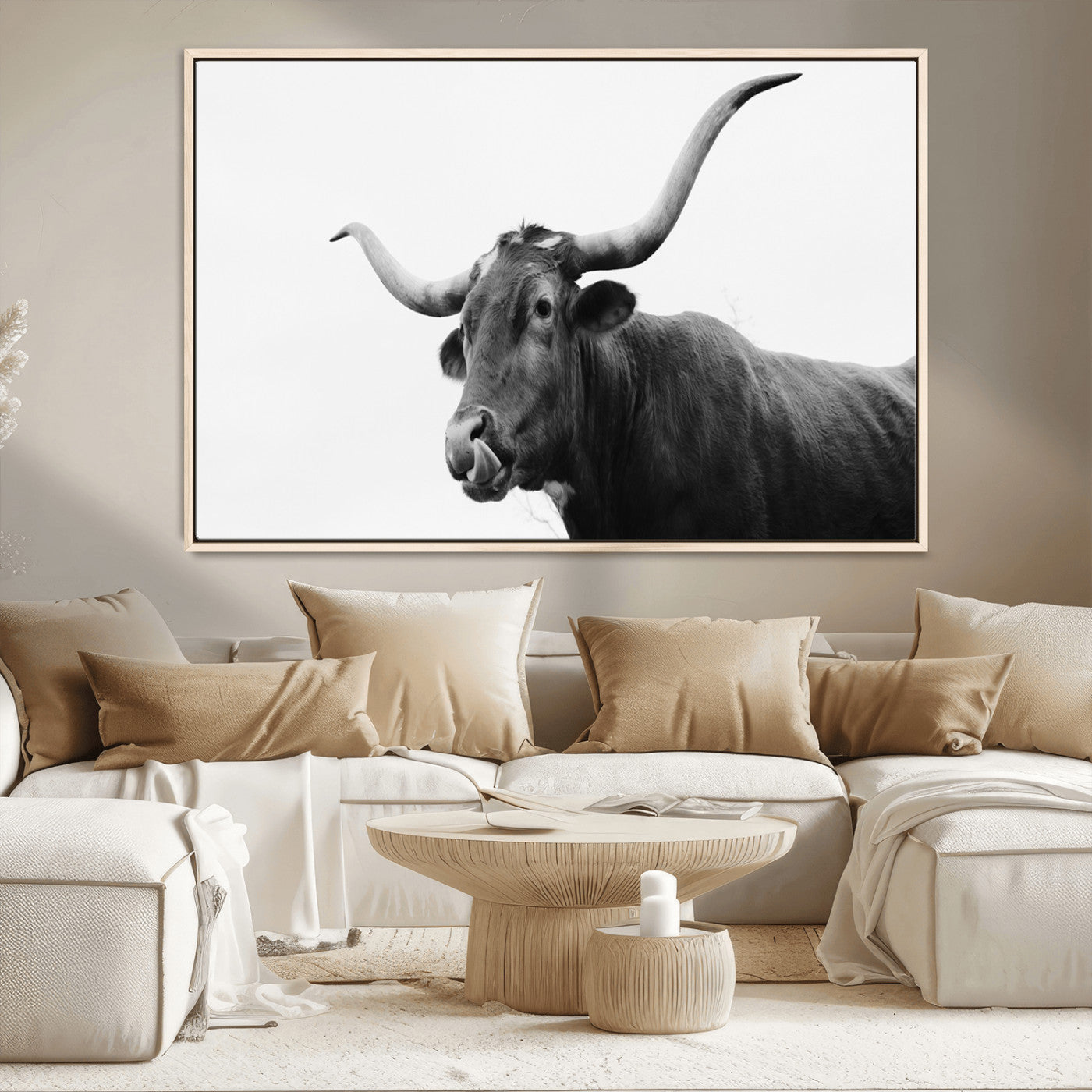 99244177-MGV-CV-36X24-Longhorn Photography Wall Art Canvas Print, Framed Western Cow Decor Art Picture Print, Black White Bull Perfect Modern Rustic